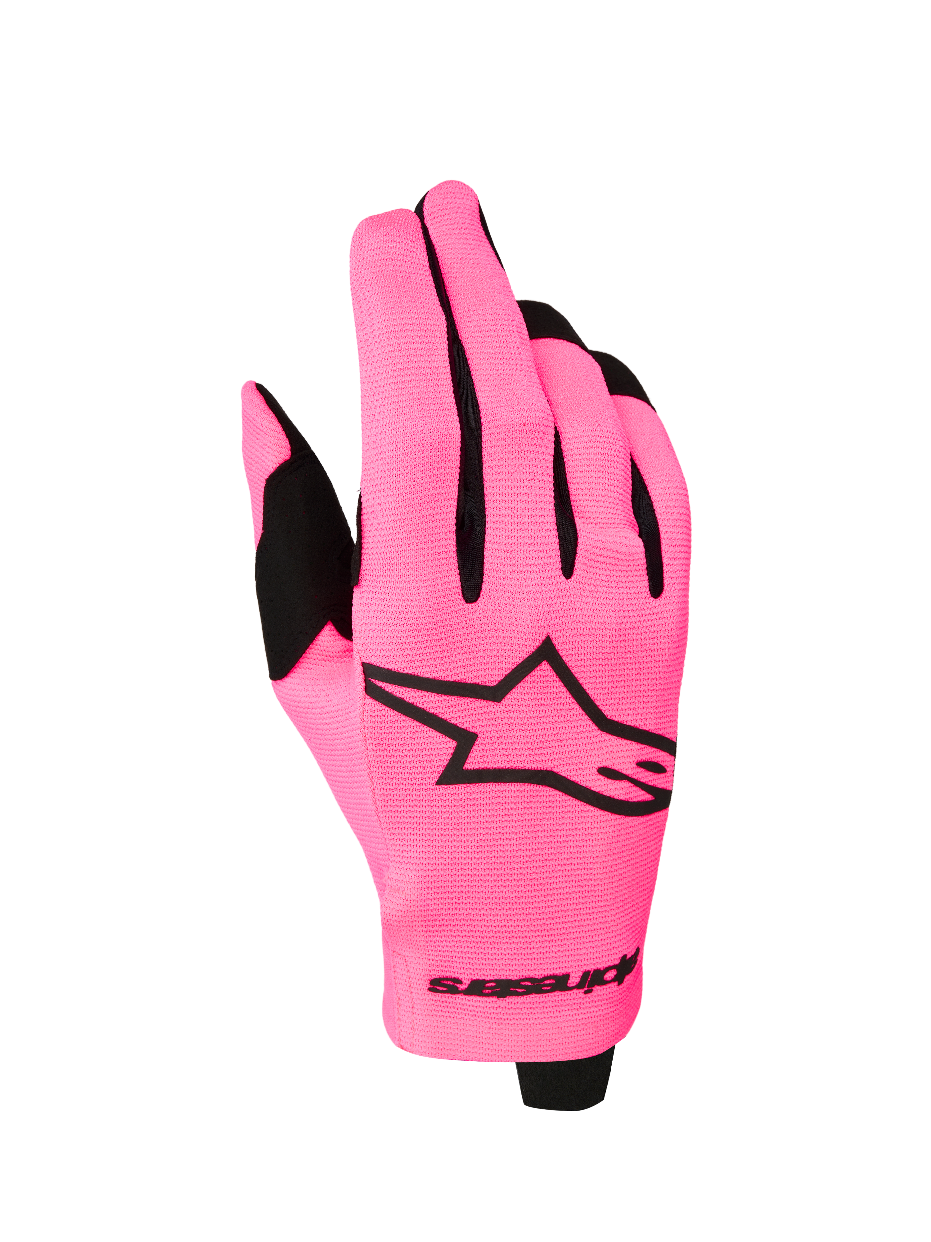 Alpinestars Guanti Radar 2027, guanti da motocross leggeri da uomo, rosa fluo e neri, dorso in tessuto elasticizzato con logo a stella nero, ideali per guida off-road e MX, costruzione traspirante e flessibile