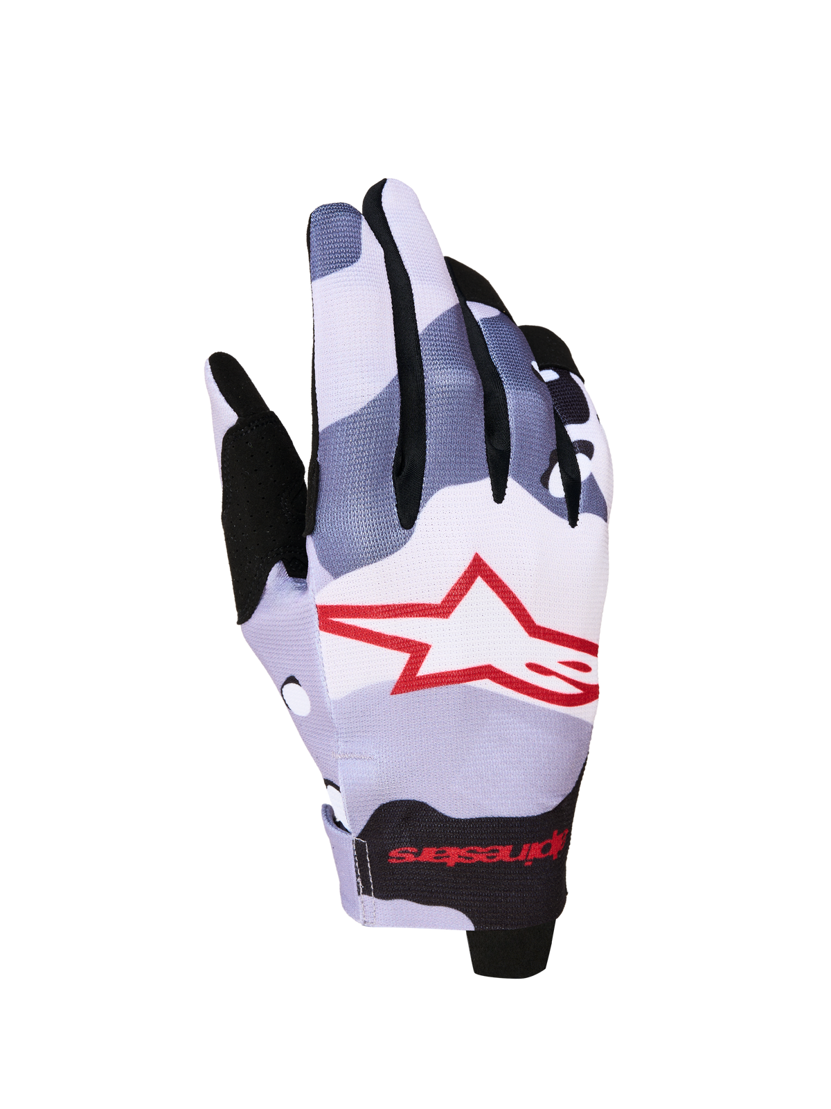 Alpinestars Guanti Radar 2027, guanti da motocross da uomo, grigio e rosso, tessuto monostrato con grafica a stella.