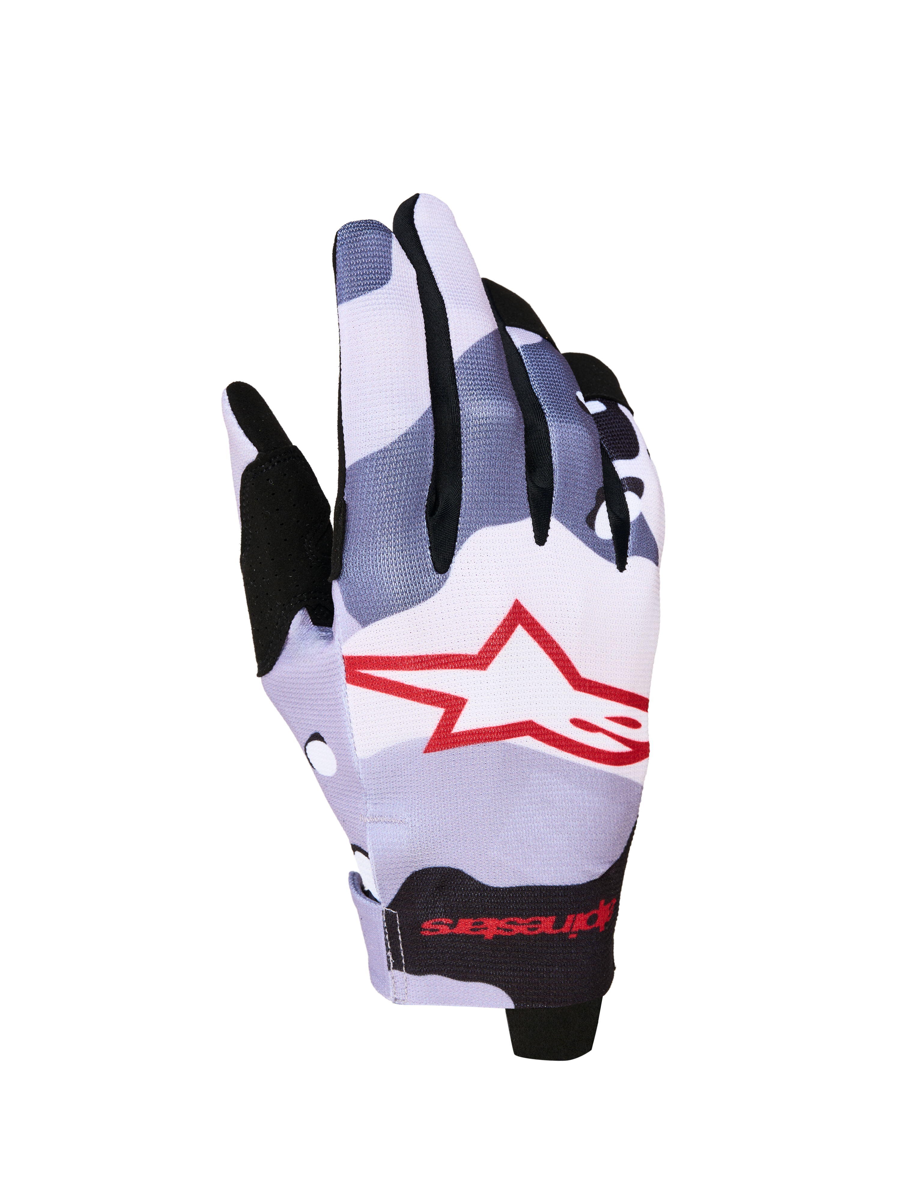 Alpinestars Guanti Radar 2027, guanti da motocross da uomo, grigio e rosso, tessuto monostrato con grafica a stella.