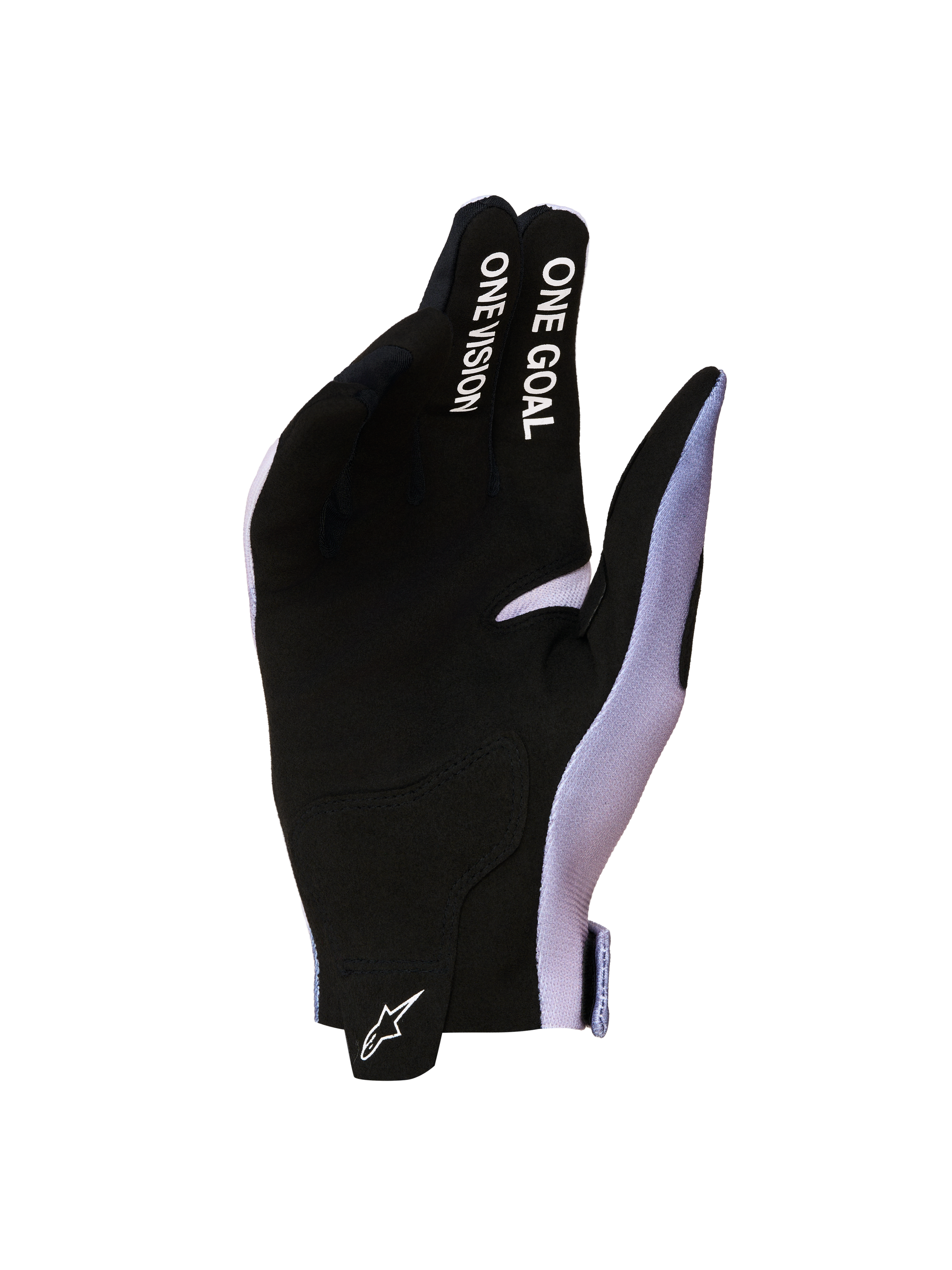 Alpinestars Guanti Radar 2027, guanti da moto motocross da uomo, neri e lilla, palmo in pelle scamosciata sintetica con scritta One Goal One Vision.