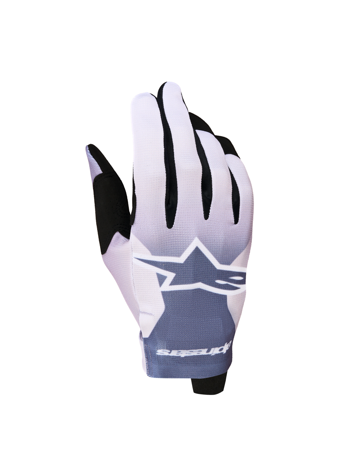 Alpinestars Guanti Radar 2027, guanti da motocross leggeri grigio cenere e lilla chiaro con logo a stella bianco.