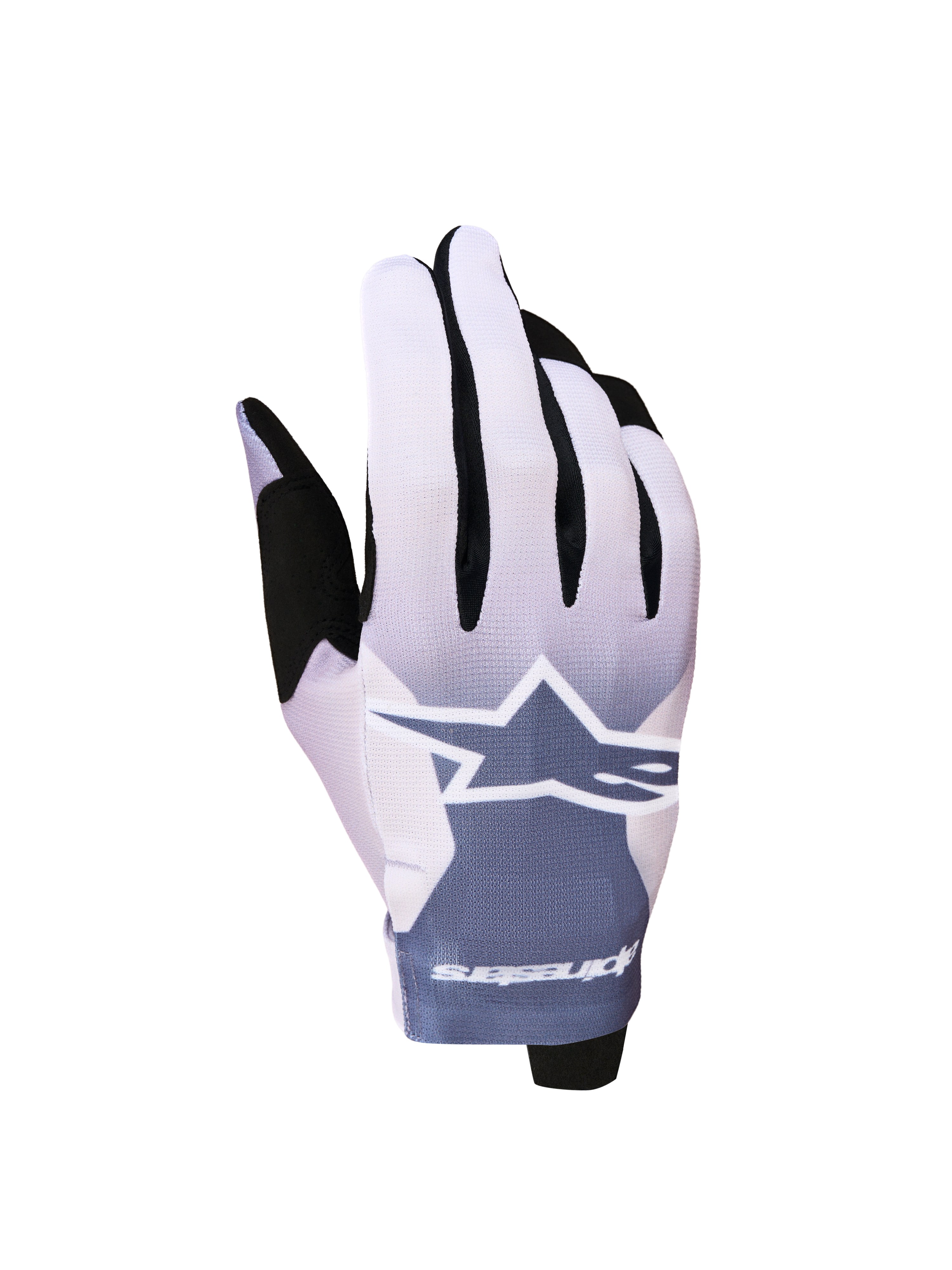 Alpinestars Guanti Radar 2027, guanti da motocross leggeri grigio cenere e lilla chiaro con logo a stella bianco.