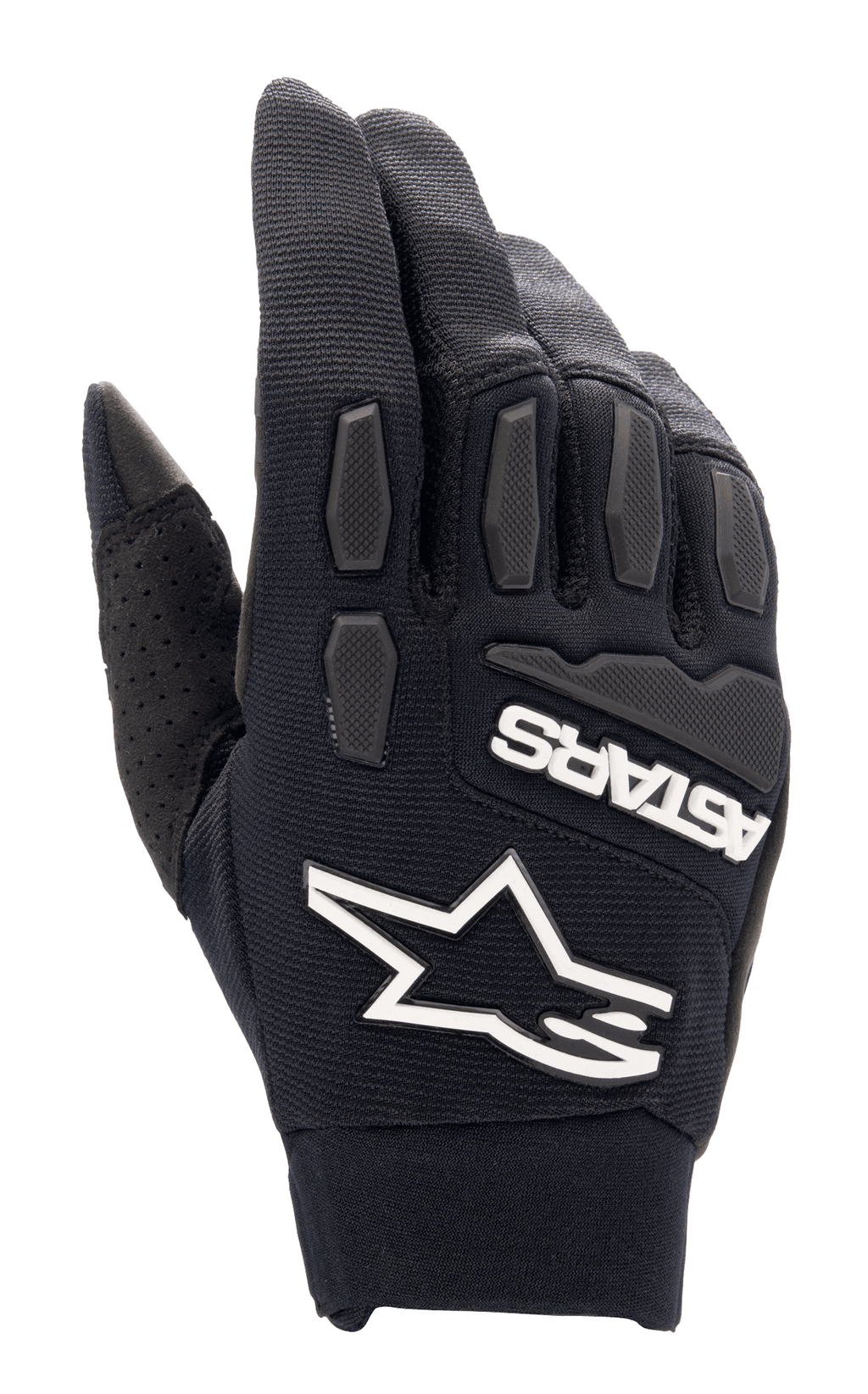 Alpinestars Full Bore XT Gloves, guanti da motocross neri, con prominente logo Alpinestars a stella bianco e marchio ASTARS, protezioni per nocche e dita in TPR testurizzato, tessuto elasticizzato traspirante con dettaglio del pollice traforato, progettati per la guida enduro e off-road