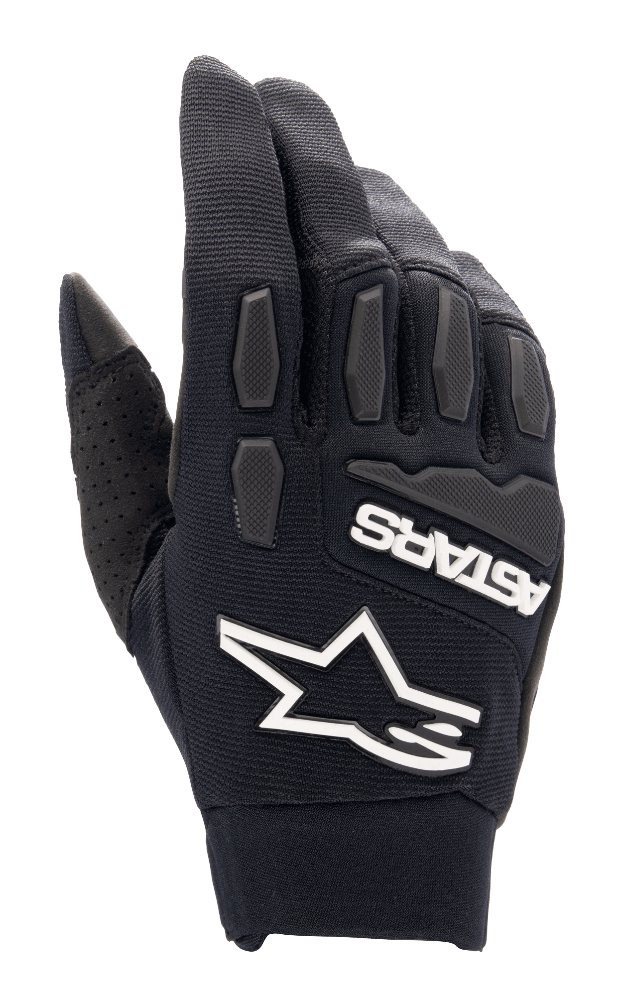 Alpinestars Full Bore XT Gloves, guanti da motocross neri, con prominente logo Alpinestars a stella bianco e marchio ASTARS, protezioni per nocche e dita in TPR testurizzato, tessuto elasticizzato traspirante con dettaglio del pollice traforato, progettati per la guida enduro e off-road