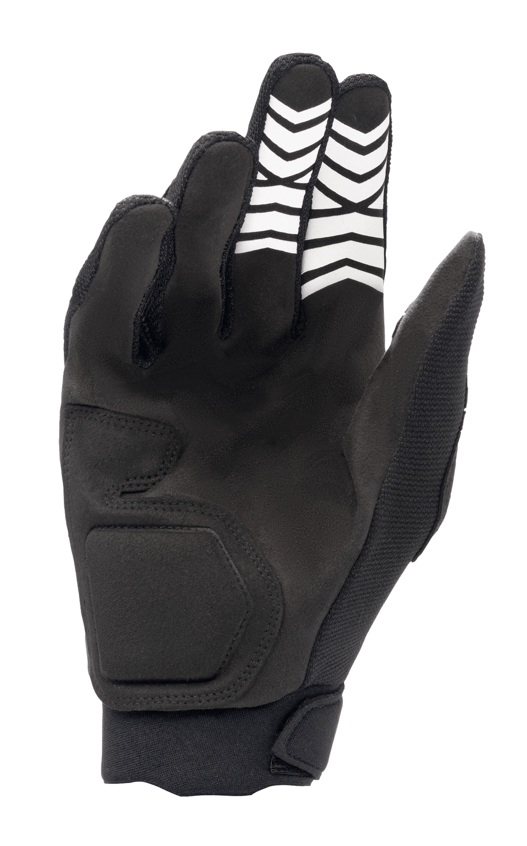 Guanti Alpinestars Full Bore XT, nero, vista lato palmo con costruzione in camoscio sintetico, motivi grip a chevron bianchi sulle dita e chiusura ergonomica del polso, progettati per l'Enduro e la guida fuoristrada