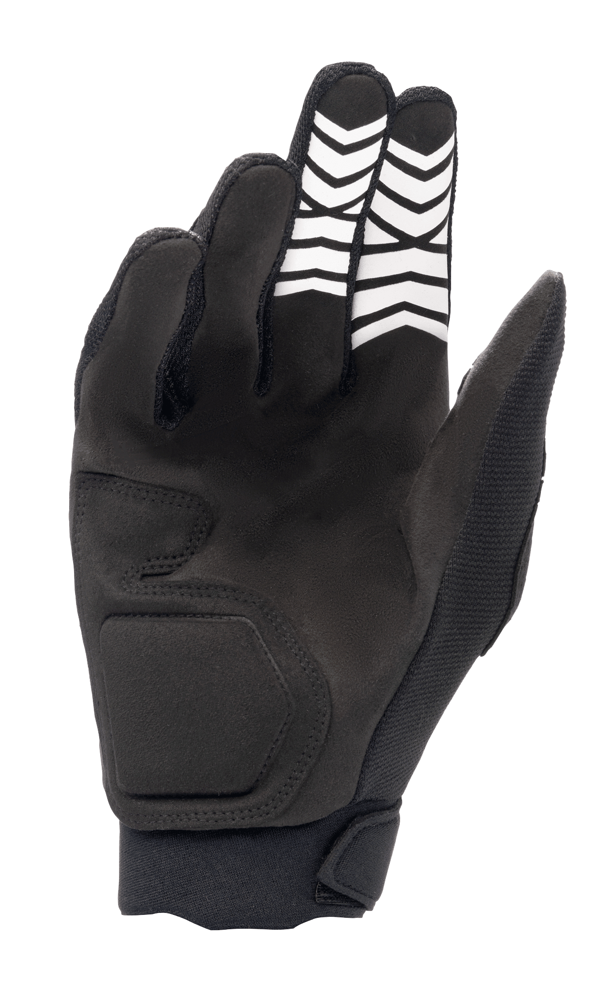 Guanti Alpinestars Full Bore XT, nero, vista lato palmo con costruzione in camoscio sintetico, motivi grip a chevron bianchi sulle dita e chiusura ergonomica del polso, progettati per l'Enduro e la guida fuoristrada