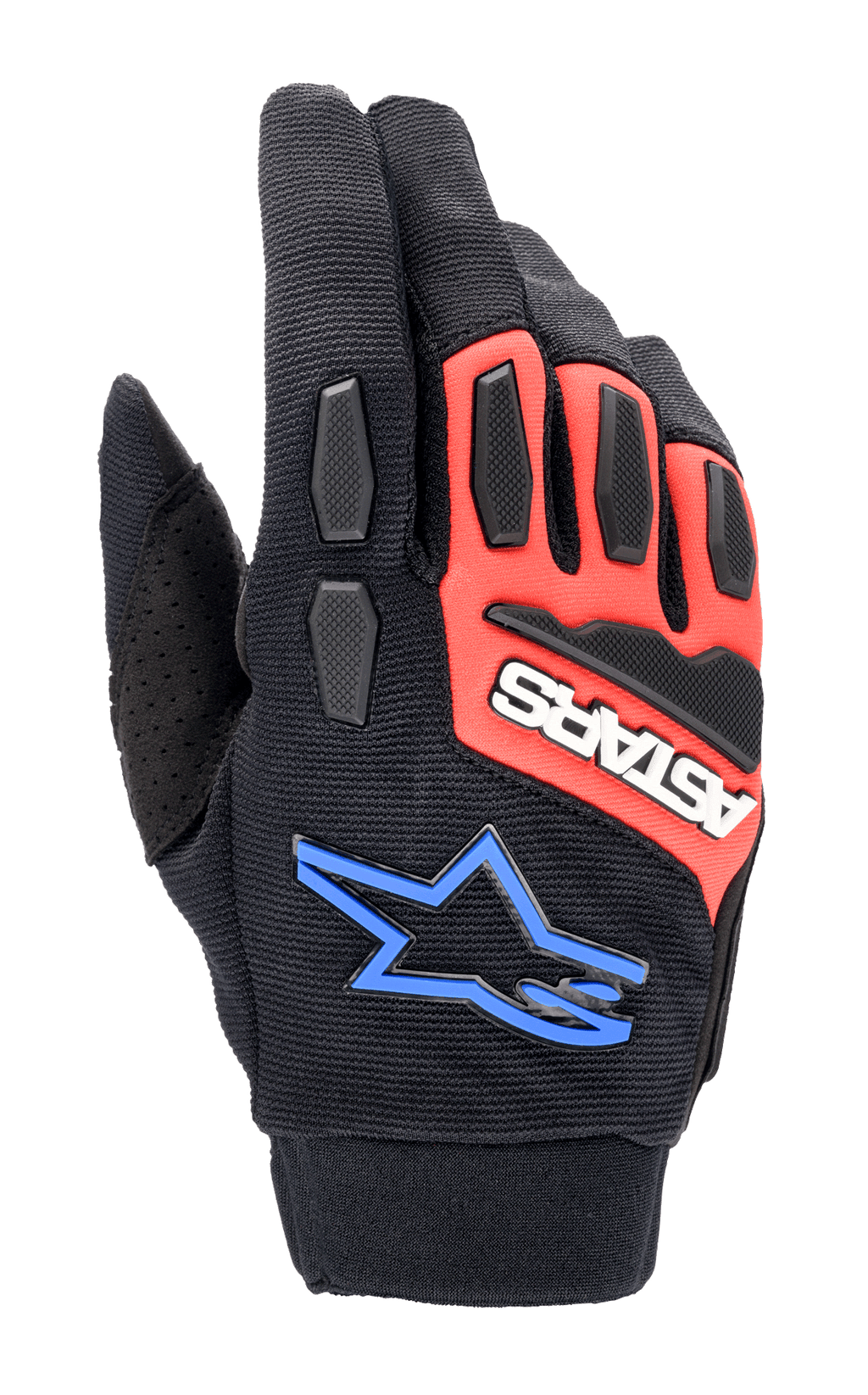 Alpinestars Full Bore XT Gloves, guanti da moto fuoristrada, nero, rosso acceso e blu, con protezioni in TPR su nocche e dita, tessuto elastico traspirante, logo ASTARS bianco su pannello rosso e logo a stella blu