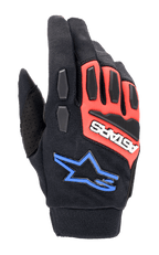 Alpinestars Full Bore XT Gloves, guanti da moto fuoristrada, nero, rosso acceso e blu, con protezioni in TPR su nocche e dita, tessuto elastico traspirante, logo ASTARS bianco su pannello rosso e logo a stella blu