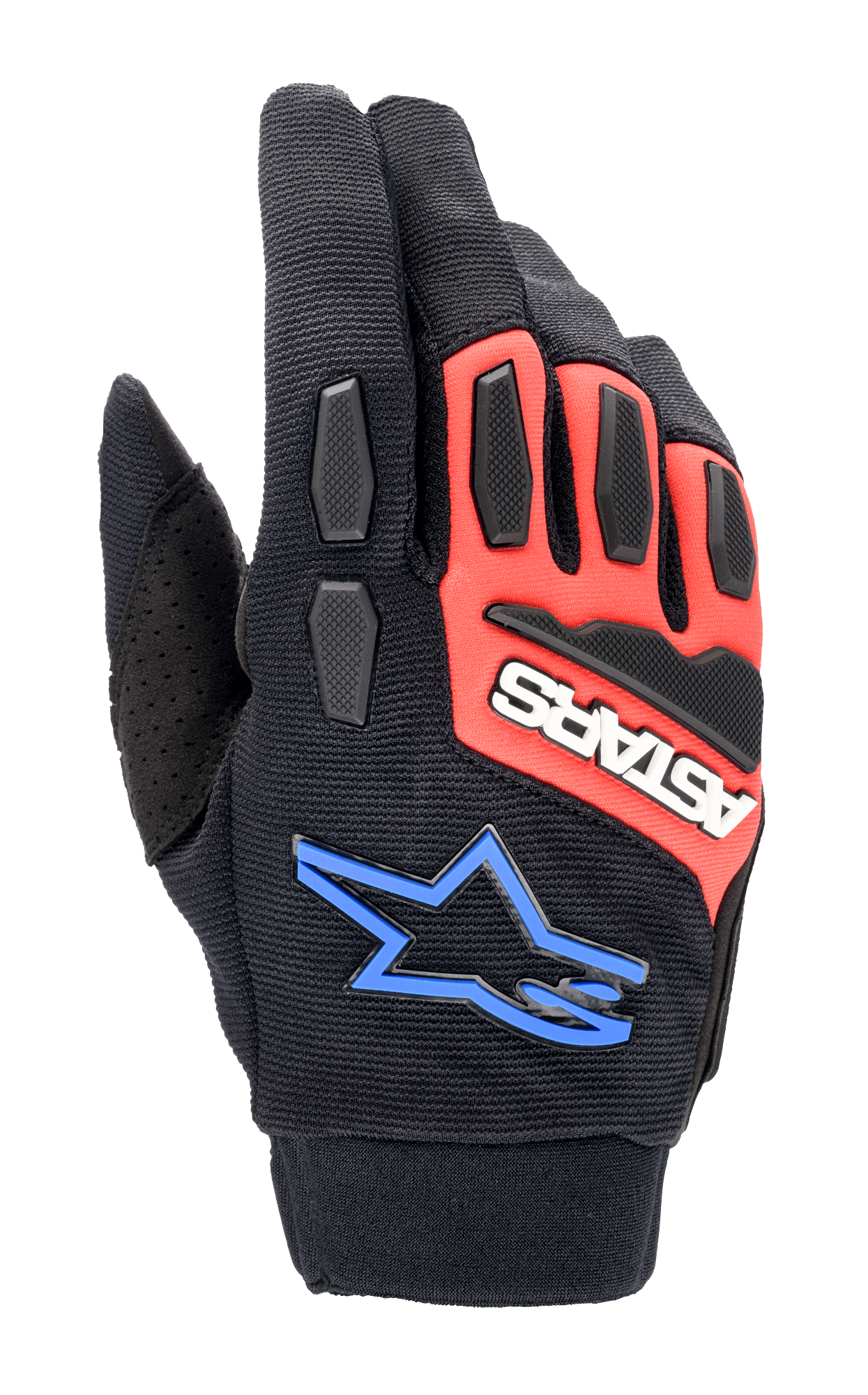 Alpinestars Full Bore XT Gloves, guanti da moto fuoristrada, nero, rosso acceso e blu, con protezioni in TPR su nocche e dita, tessuto elastico traspirante, logo ASTARS bianco su pannello rosso e logo a stella blu