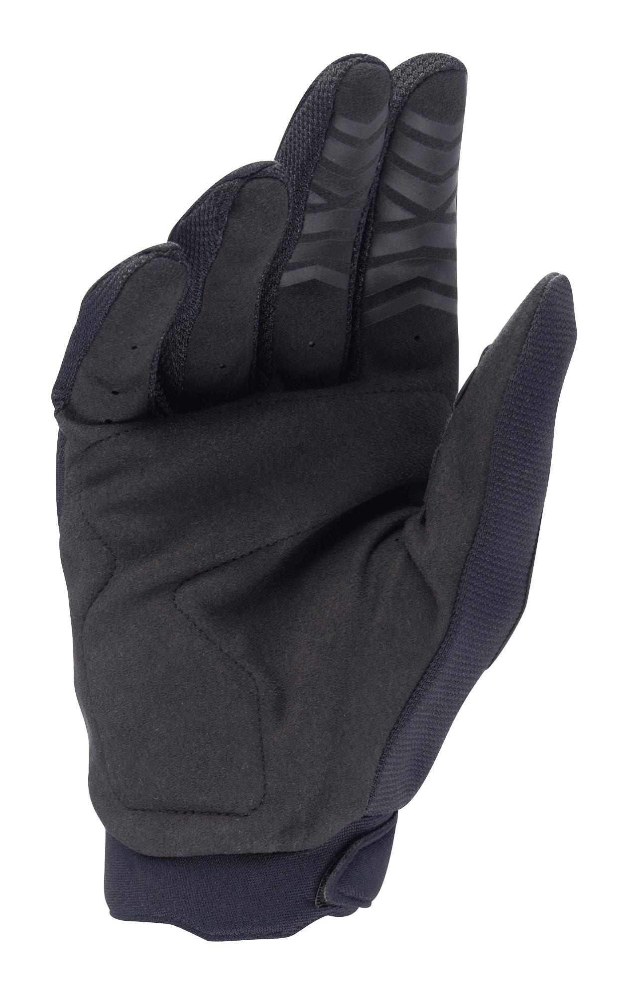 Guanti Alpinestars Honda Full Bore, guanti da motocross, nero, vista del palmo in pelle scamosciata sintetica per la durata, stampa in silicone sulle punte delle dita e rinforzo sul pollice, progettati per prestazioni fuoristrada