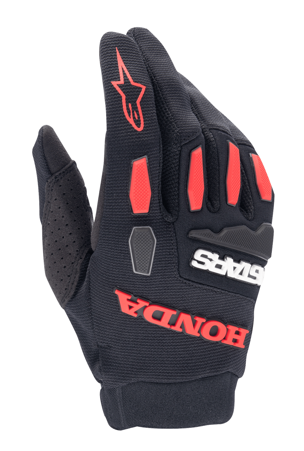 Guanti Alpinestars Honda Full Bore, guanti da motocross, nero e rosso vivace, dotati di protezioni nocche in TPR e vistoso logo Honda gommato, struttura in tessuto elastico traspirante per la guida fuoristrada