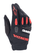 Guanti Alpinestars Honda Full Bore, guanti da motocross, nero e rosso vivace, dotati di protezioni nocche in TPR e vistoso logo Honda gommato, struttura in tessuto elastico traspirante per la guida fuoristrada