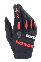 Guanti Alpinestars Honda Full Bore, guanti da motocross, nero e rosso vivace, dotati di protezioni nocche in TPR e vistoso logo Honda gommato, struttura in tessuto elastico traspirante per la guida fuoristrada