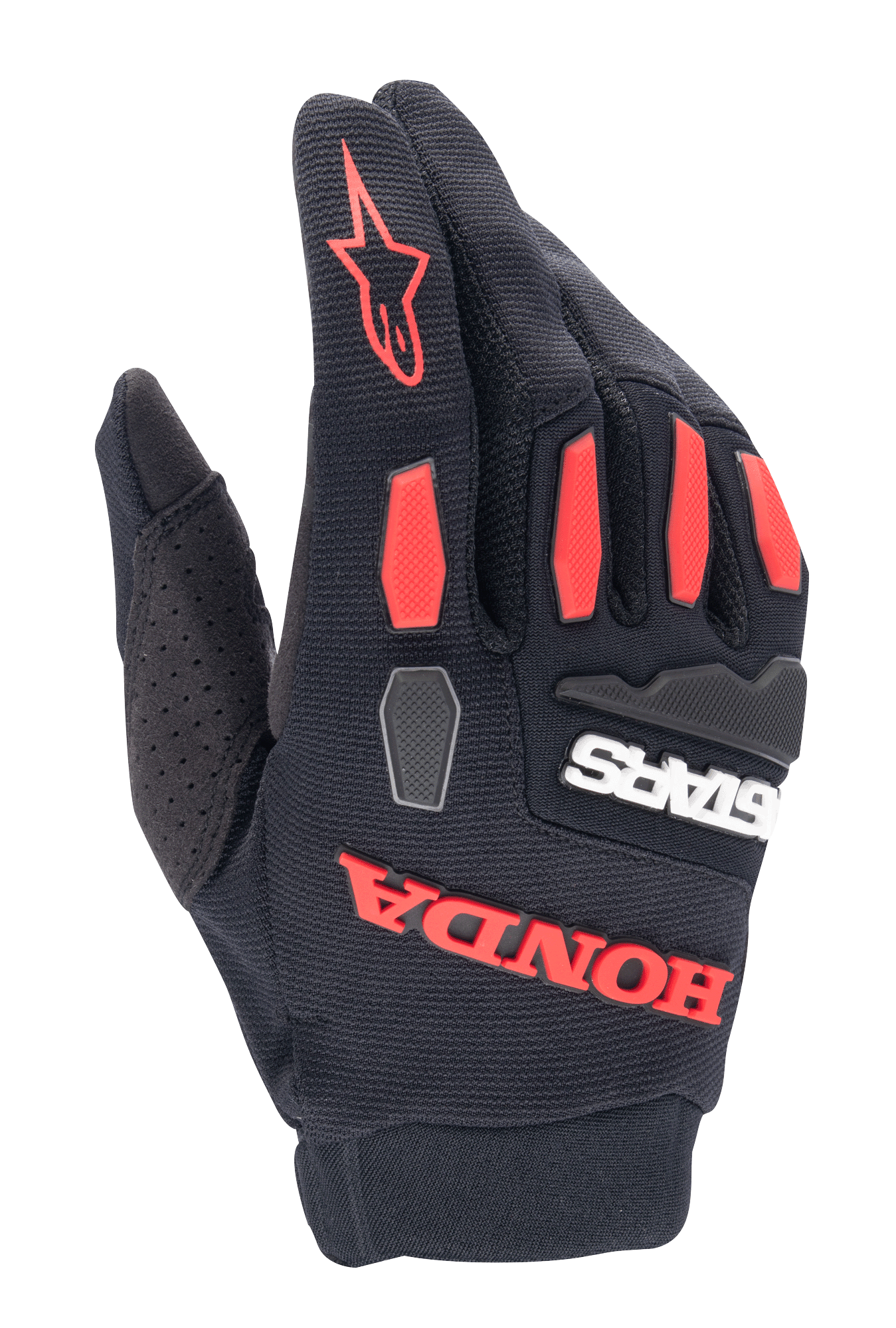 Guanti Alpinestars Honda Full Bore, guanti da motocross, nero e rosso vivace, dotati di protezioni nocche in TPR e vistoso logo Honda gommato, struttura in tessuto elastico traspirante per la guida fuoristrada