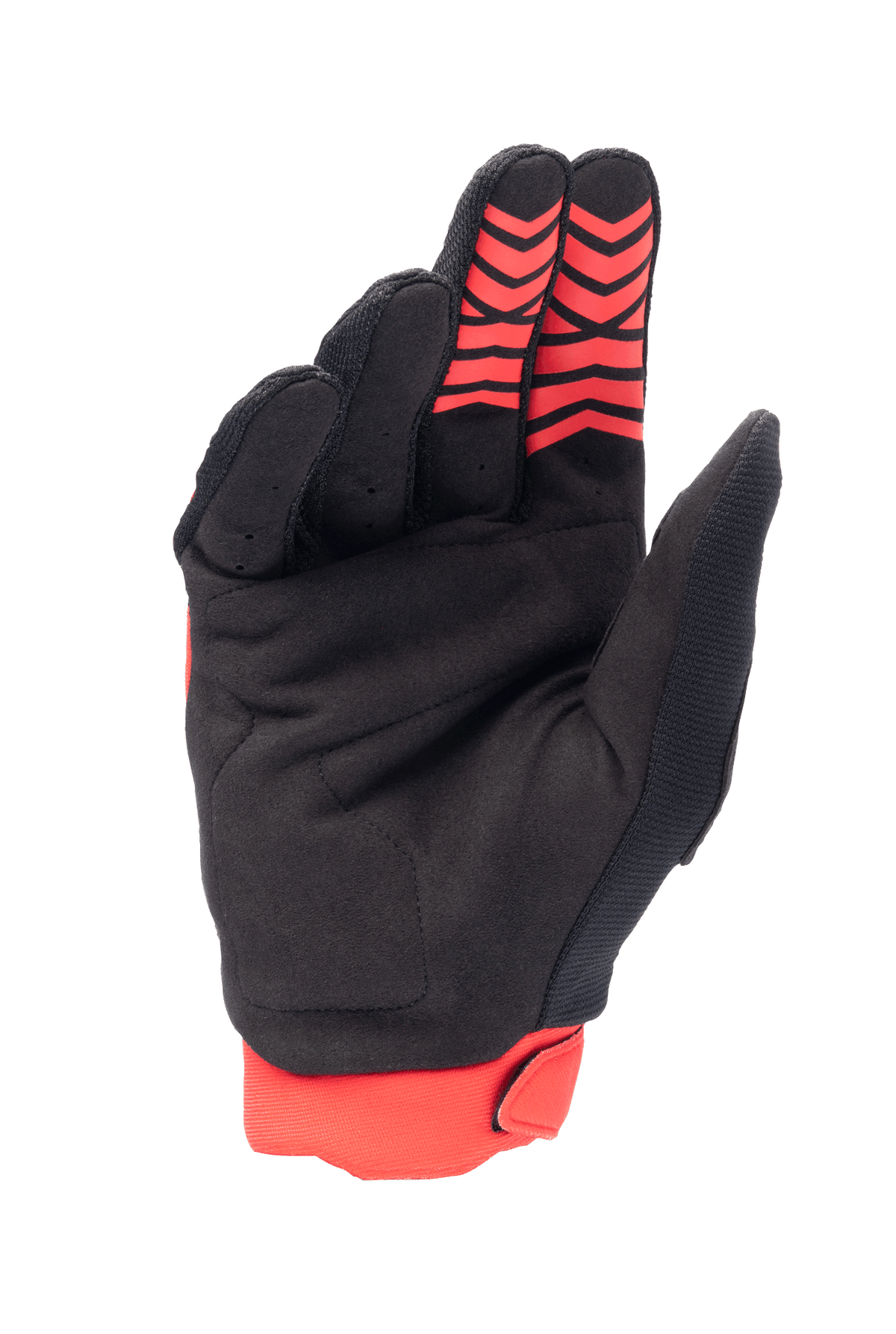 Guanti Alpinestars Honda Full Bore, guanti da motocross, rosso e nero, vista del palmo in pelle scamosciata sintetica con inserti antiscivolo in silicone rosso sulle punte delle dita, polsino elasticizzato rosso, design resistente per il fuoristrada