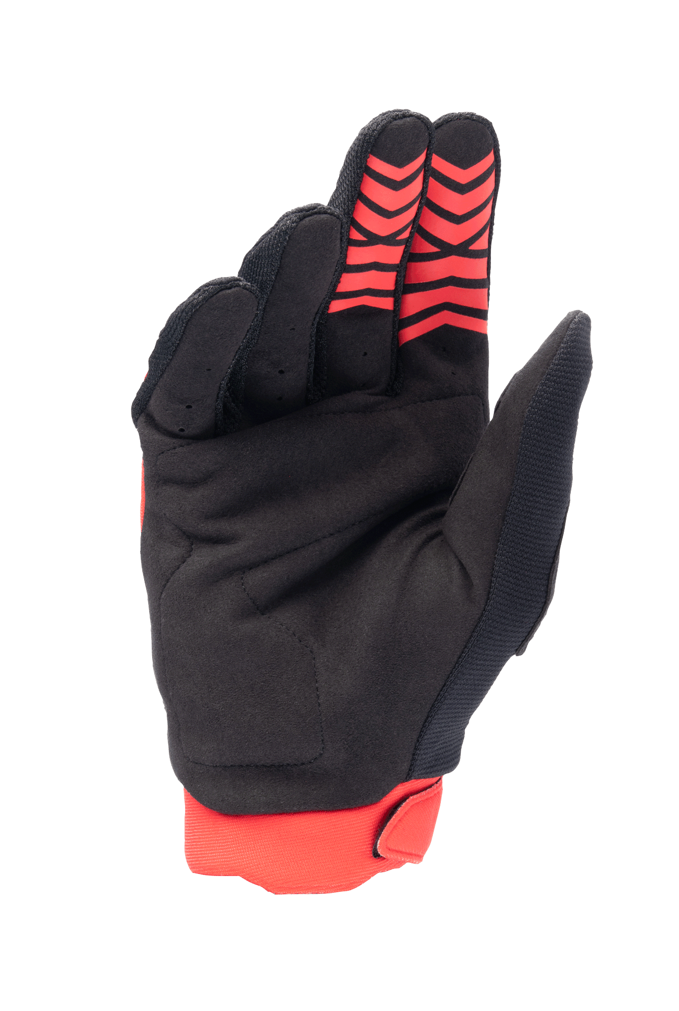 Guanti Alpinestars Honda Full Bore, guanti da motocross, rosso e nero, vista del palmo in pelle scamosciata sintetica con inserti antiscivolo in silicone rosso sulle punte delle dita, polsino elasticizzato rosso, design resistente per il fuoristrada