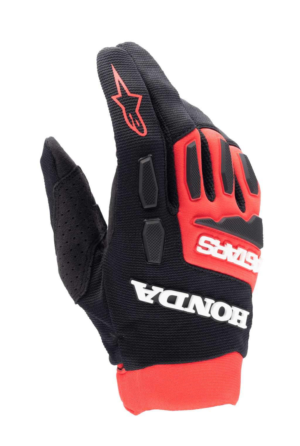 Guanti Alpinestars Honda Full Bore, guanti da motocross, rosso acceso e nero, loghi bianchi Honda e Astars in evidenza, protezioni per le nocche in TPR, struttura in tessuto elasticizzato traspirante, logo a stella rosso sul dito, design sportivo da corsa fuoristrada