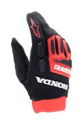 Guanti Alpinestars Honda Full Bore, guanti da motocross, rosso acceso e nero, loghi bianchi Honda e Astars in evidenza, protezioni per le nocche in TPR, struttura in tessuto elasticizzato traspirante, logo a stella rosso sul dito, design sportivo da corsa fuoristrada