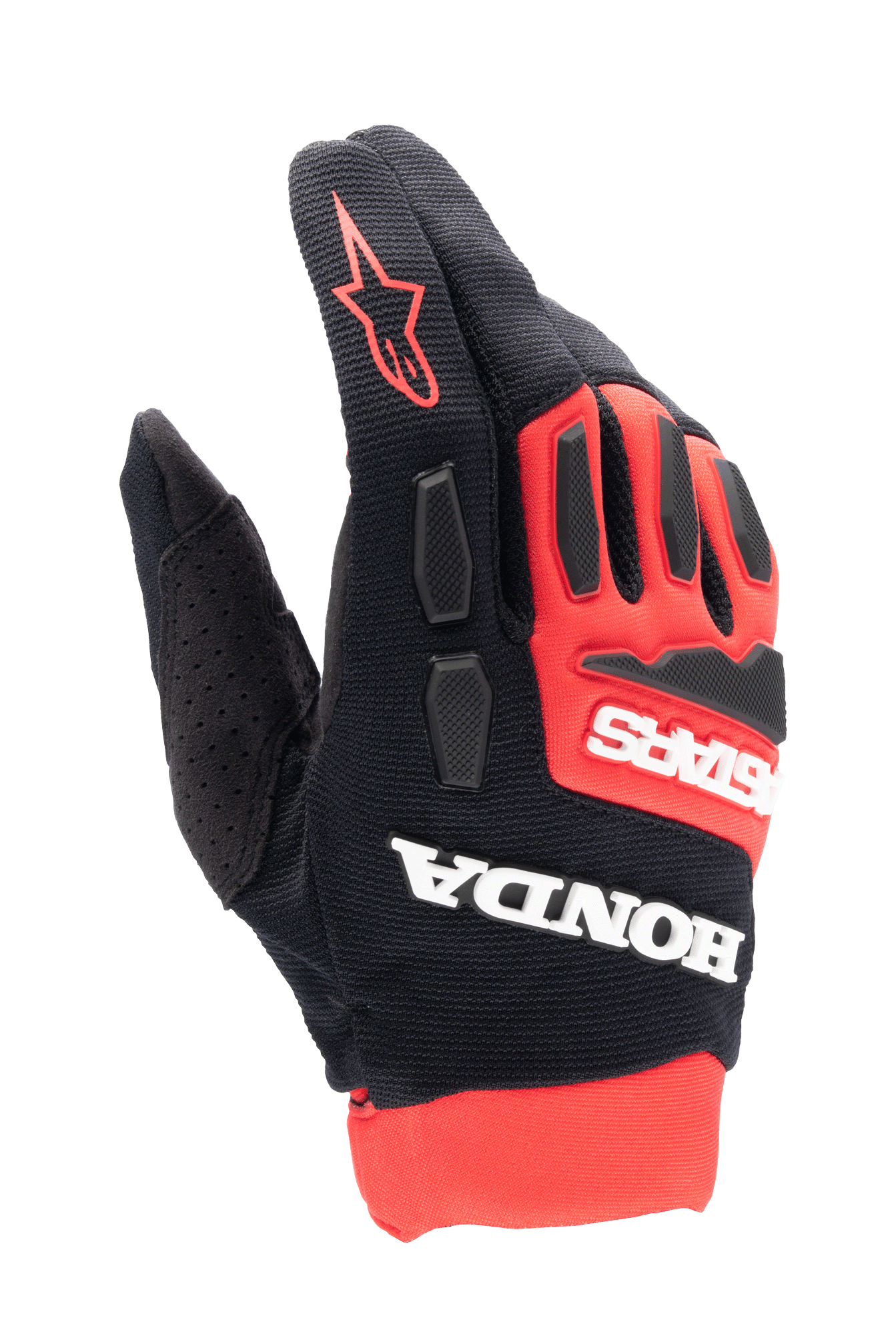 Guanti Alpinestars Honda Full Bore, guanti da motocross, rosso acceso e nero, loghi bianchi Honda e Astars in evidenza, protezioni per le nocche in TPR, struttura in tessuto elasticizzato traspirante, logo a stella rosso sul dito, design sportivo da corsa fuoristrada