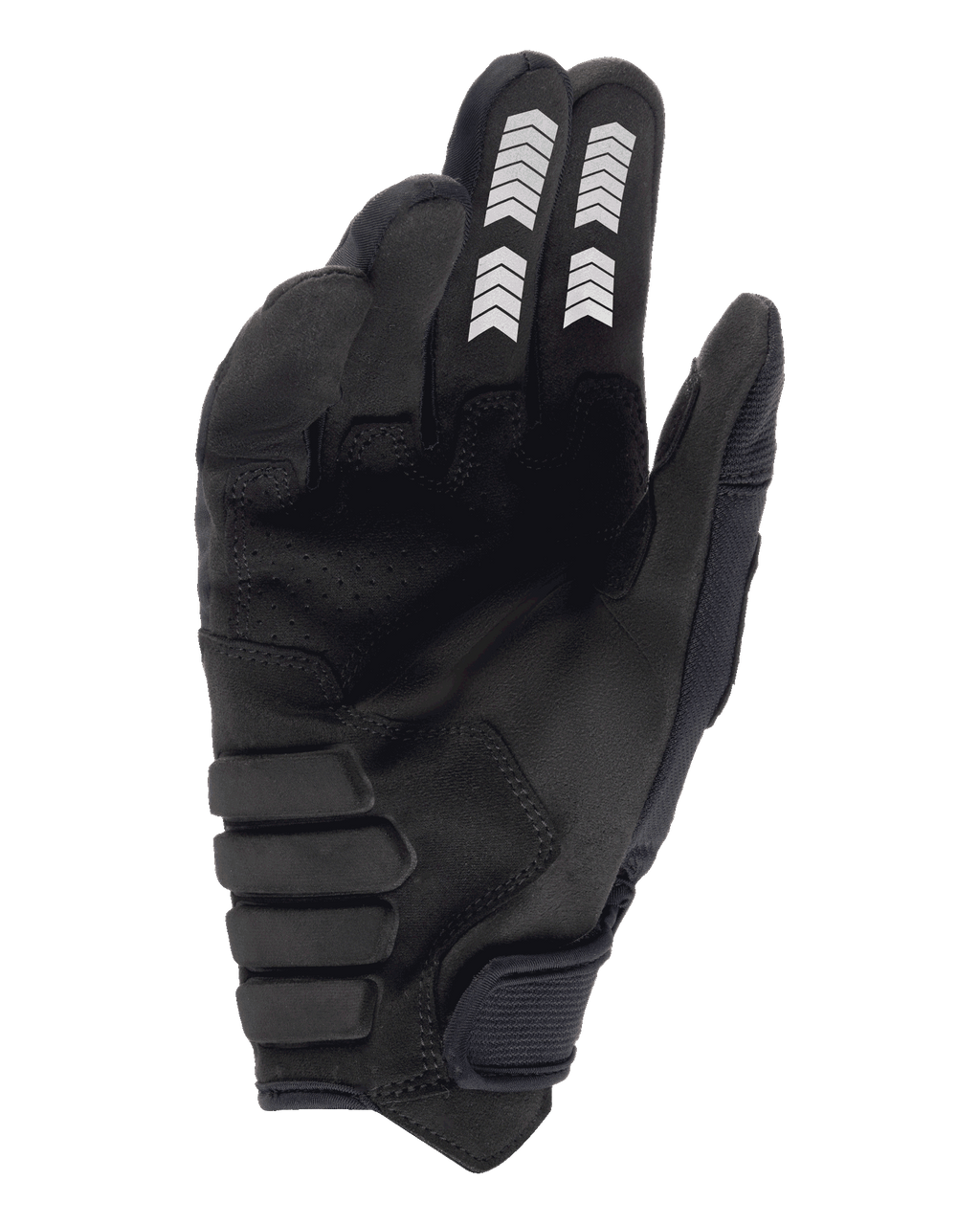 Guanti Alpinestars Techdura, guanti da enduro, nero, vista del palmo con costruzione in camoscio sintetico, grafiche a chevron bianche su indice e medio, palmo imbottito rinforzato e cinturino a strappo sul polso