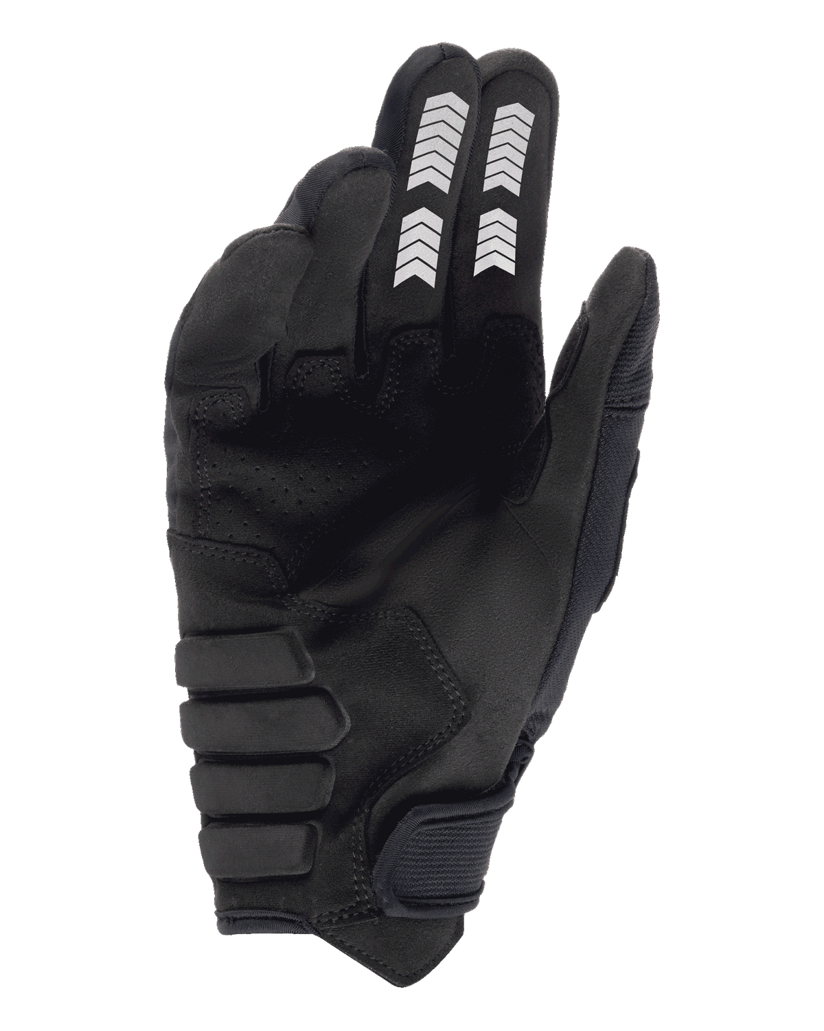 Guanti Alpinestars Techdura, guanti da enduro, nero, vista del palmo con costruzione in camoscio sintetico, grafiche a chevron bianche su indice e medio, palmo imbottito rinforzato e cinturino a strappo sul polso