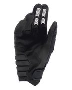 Guanti Alpinestars Techdura, guanti da enduro, nero, vista del palmo con costruzione in camoscio sintetico, grafiche a chevron bianche su indice e medio, palmo imbottito rinforzato e cinturino a strappo sul polso