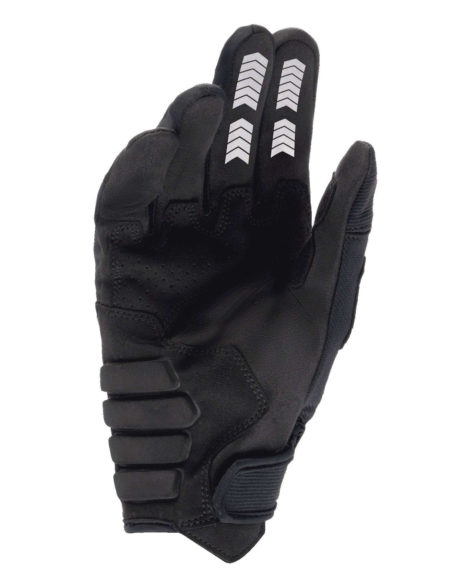 Guanti Alpinestars Techdura, guanti da enduro, nero, vista del palmo con costruzione in camoscio sintetico, grafiche a chevron bianche su indice e medio, palmo imbottito rinforzato e cinturino a strappo sul polso