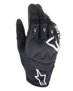 Guanti Alpinestars Techdura, guanti da moto Enduro, neri con logo Alpinestars bianco, protezione viscoelastica sulle nocche, inserti in TPR sulle dita, struttura in mesh traspirante e tessuto elasticizzato, abbigliamento per guida fuoristrada