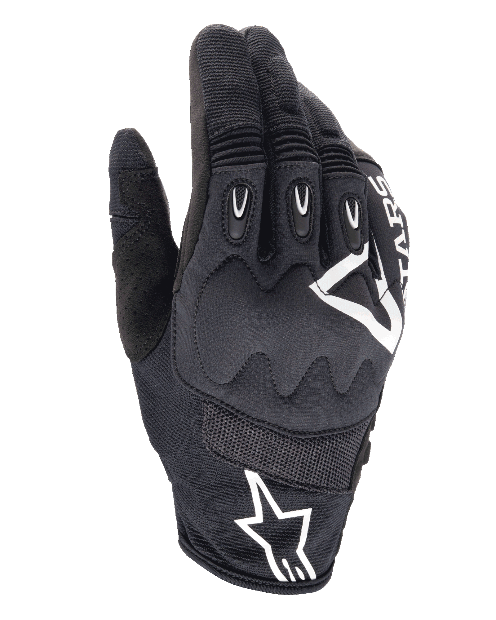 Guanti Alpinestars Techdura, guanti da moto Enduro, neri con logo Alpinestars bianco, protezione viscoelastica sulle nocche, inserti in TPR sulle dita, struttura in mesh traspirante e tessuto elasticizzato, abbigliamento per guida fuoristrada