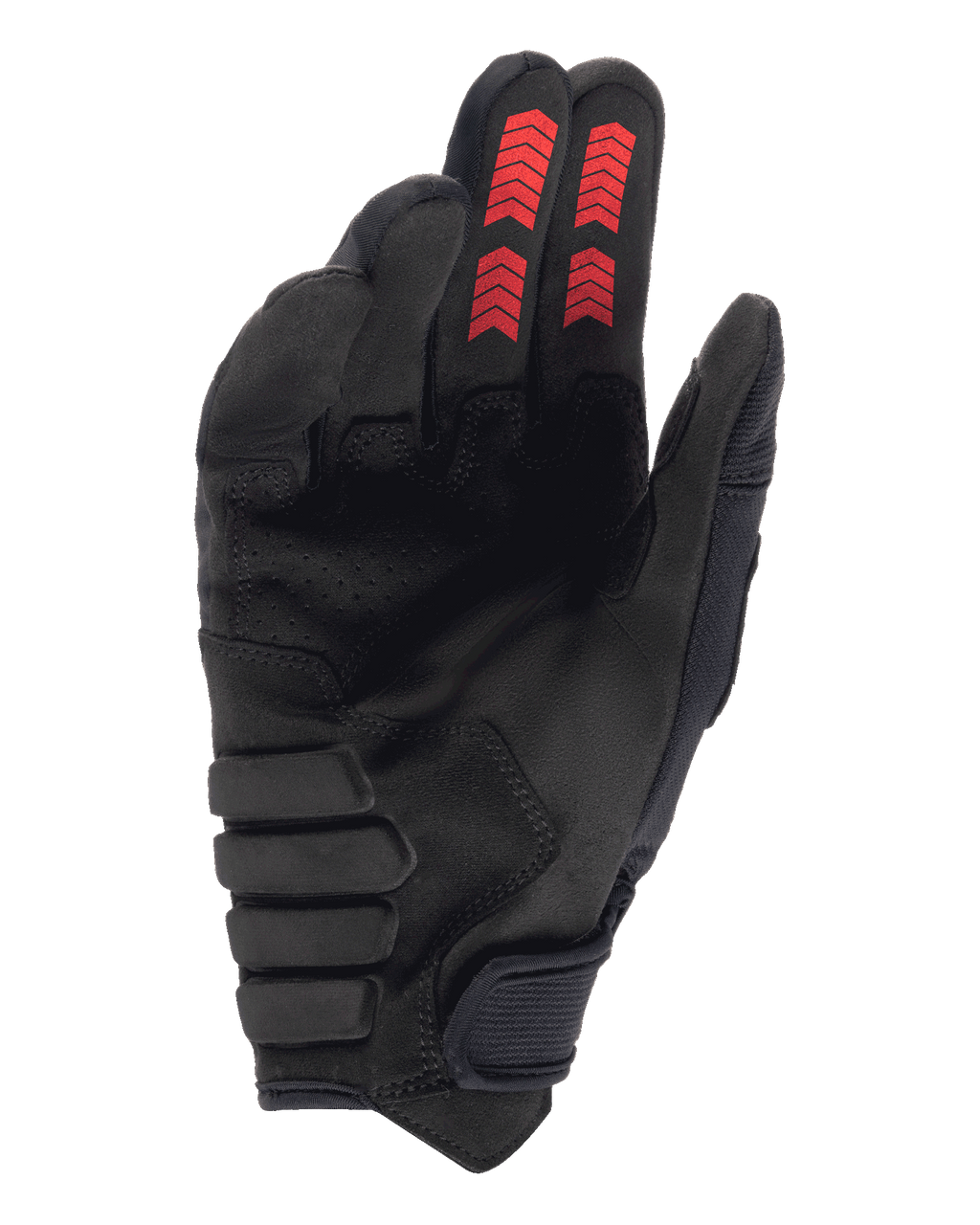 Guanti Alpinestars Techdura, guanti da enduro fuoristrada, nero e rosso fuoco, vista lato palmo con camoscio sintetico rinforzato, grafiche a chevron rosse sulle punte delle dita e chiusura del polso a strappo