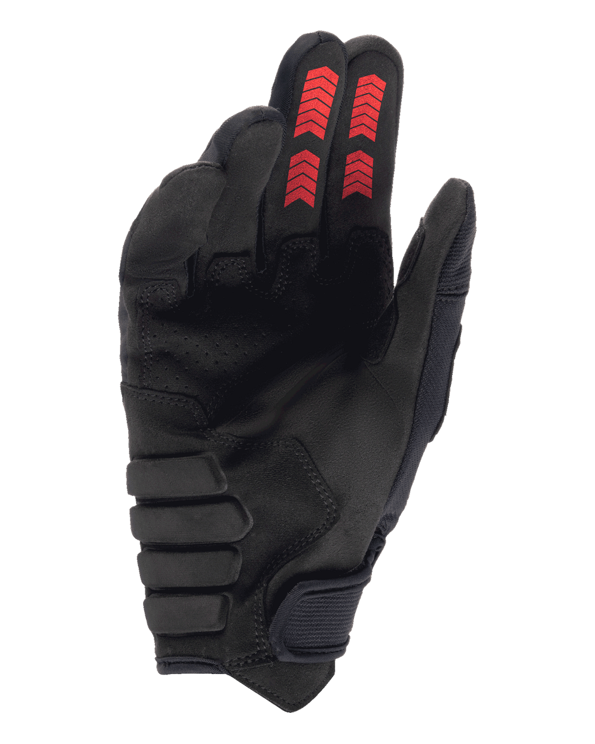 Guanti Alpinestars Techdura, guanti da enduro fuoristrada, nero e rosso fuoco, vista lato palmo con camoscio sintetico rinforzato, grafiche a chevron rosse sulle punte delle dita e chiusura del polso a strappo