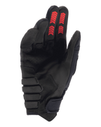 Guanti Alpinestars Techdura, guanti da enduro fuoristrada, nero e rosso fuoco, vista lato palmo con camoscio sintetico rinforzato, grafiche a chevron rosse sulle punte delle dita e chiusura del polso a strappo