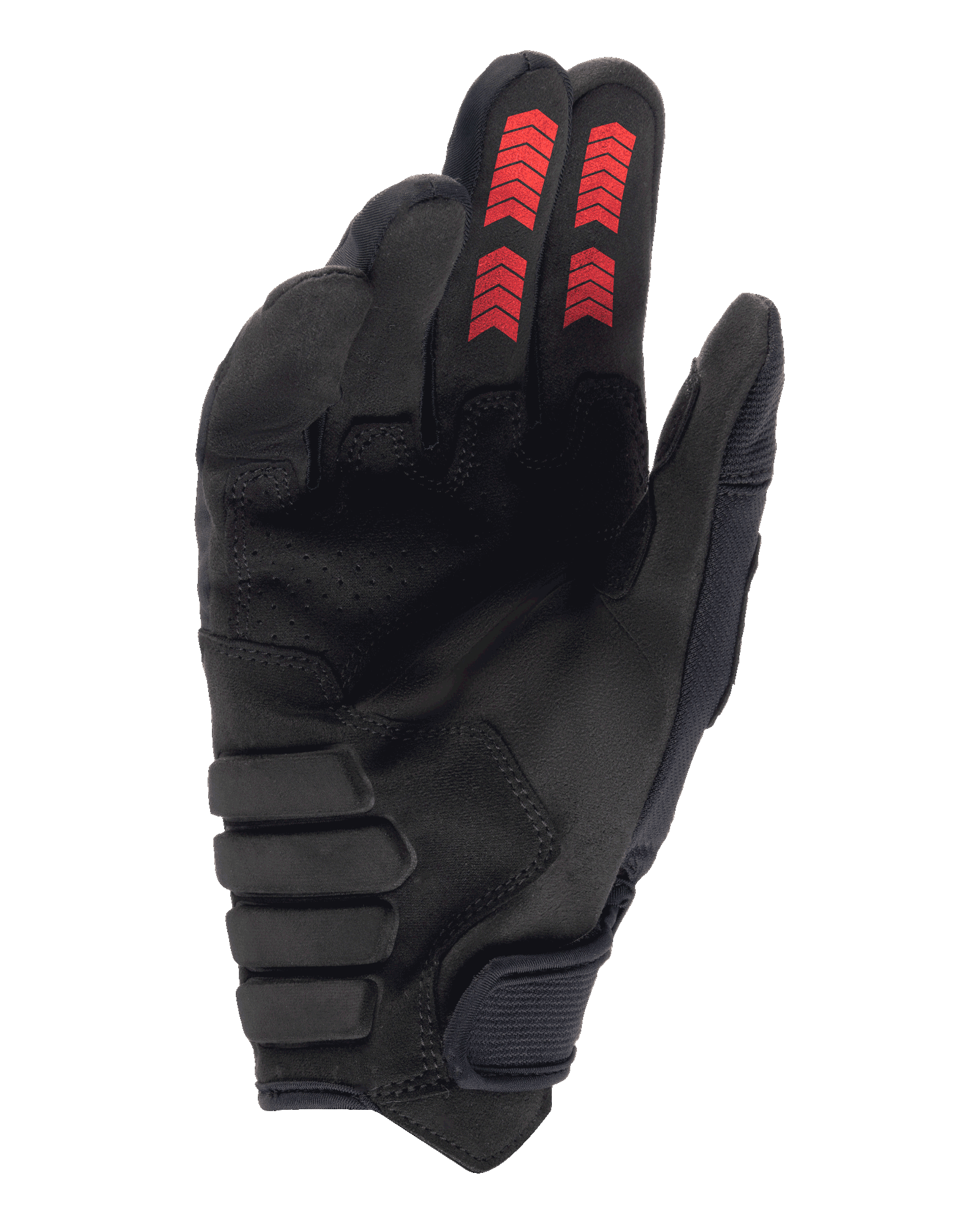 Guanti Alpinestars Techdura, guanti da enduro fuoristrada, nero e rosso fuoco, vista lato palmo con camoscio sintetico rinforzato, grafiche a chevron rosse sulle punte delle dita e chiusura del polso a strappo