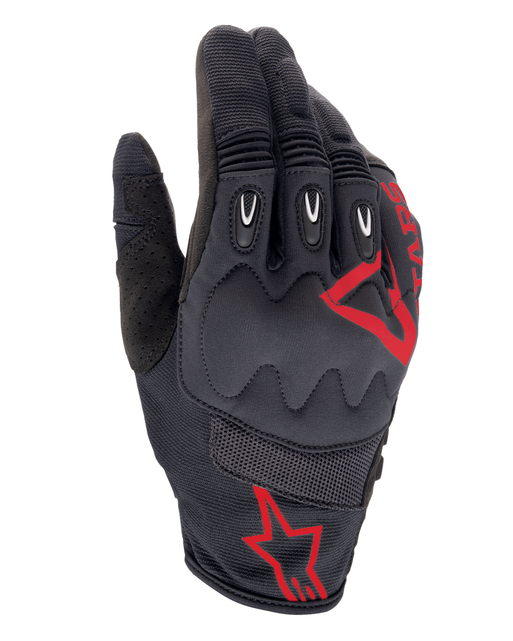 Guanti Alpinestars Techdura, Fire Red Black, guanti da motocross ed enduro, tessuto testurizzato nero con loghi a stella rossi, protezione rinforzata per nocche e dita, pannelli in mesh traspirante, attrezzatura moto fuoristrada resistente