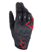 Guanti Alpinestars Techdura, Fire Red Black, guanti da motocross ed enduro, tessuto testurizzato nero con loghi a stella rossi, protezione rinforzata per nocche e dita, pannelli in mesh traspirante, attrezzatura moto fuoristrada resistente