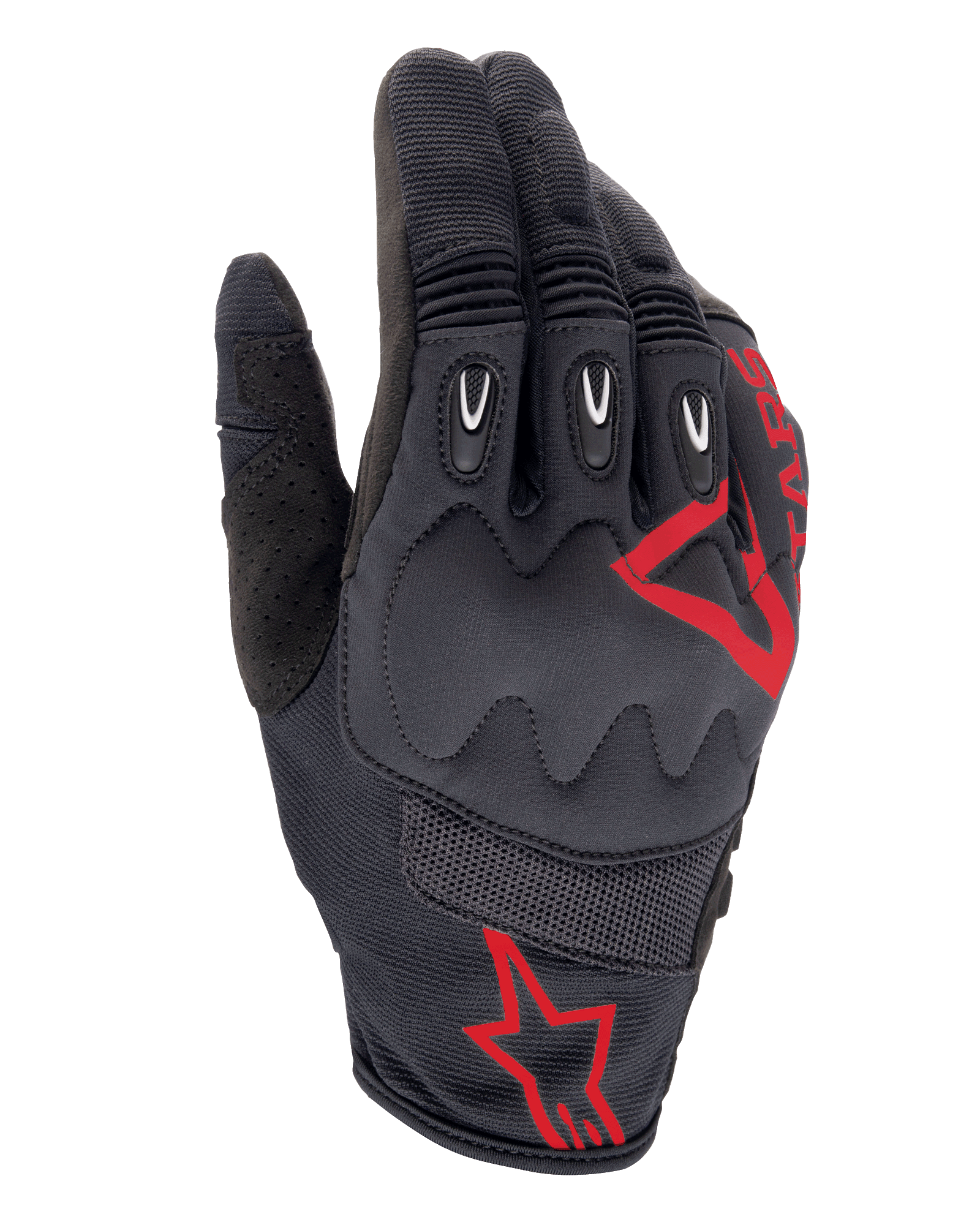 Guanti Alpinestars Techdura, Fire Red Black, guanti da motocross ed enduro, tessuto testurizzato nero con loghi a stella rossi, protezione rinforzata per nocche e dita, pannelli in mesh traspirante, attrezzatura moto fuoristrada resistente