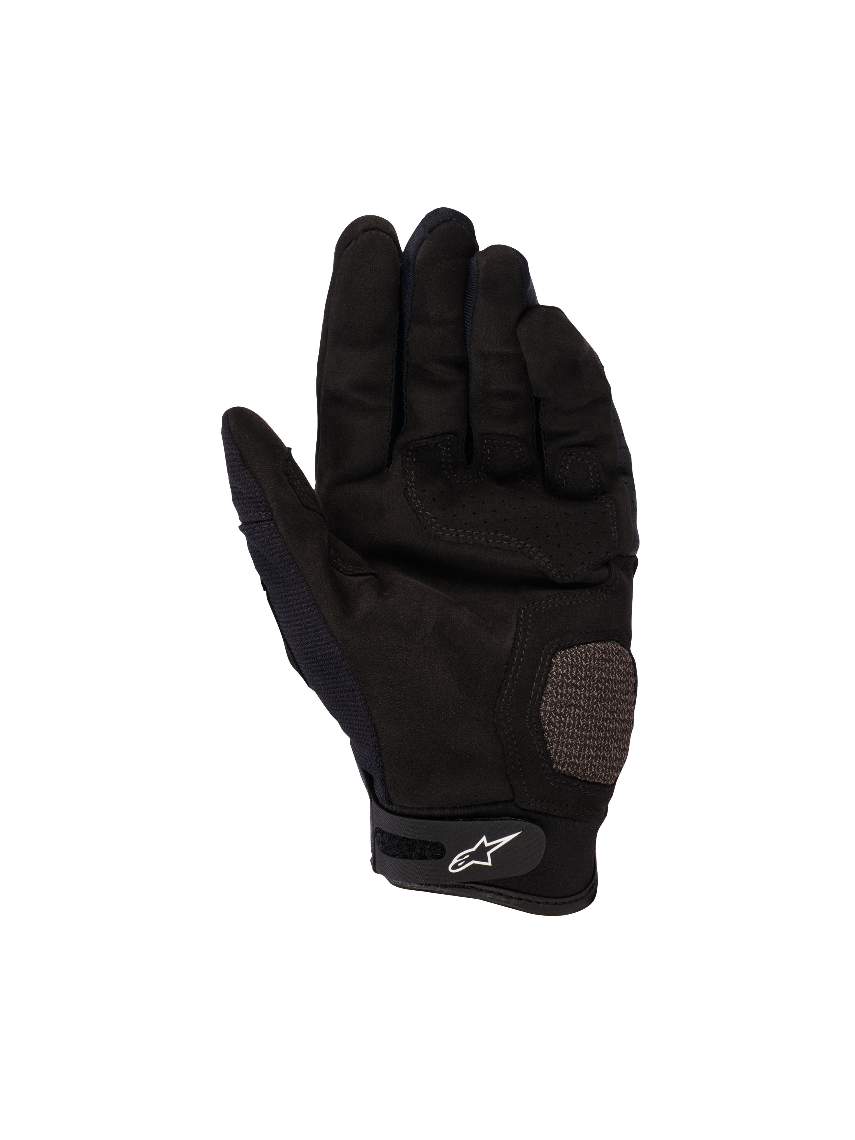 Guanti Alpinestars Megawatt V2, guanti da motocross ed enduro, nero, vista del palmo con sezioni rinforzate su palmo e pollice, trama traforata per la ventilazione, cinturino in velcro sul polso con logo Alpinestars bianco