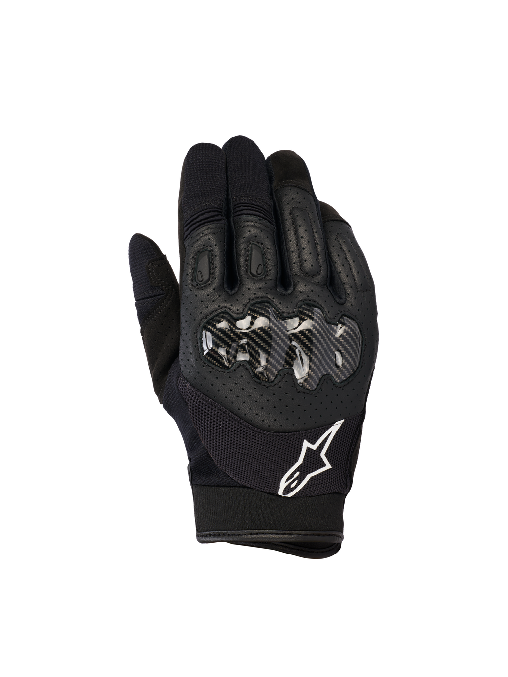 Guanti Alpinestars Megawatt V2, guanti da motocross ed enduro, neri, con protezione rigida per le nocche con finitura effetto carbonio, dorso in pelle traforata per la traspirabilità, logo Alpinestars bianco sul polsino, protezione durevole per il fuoristrada