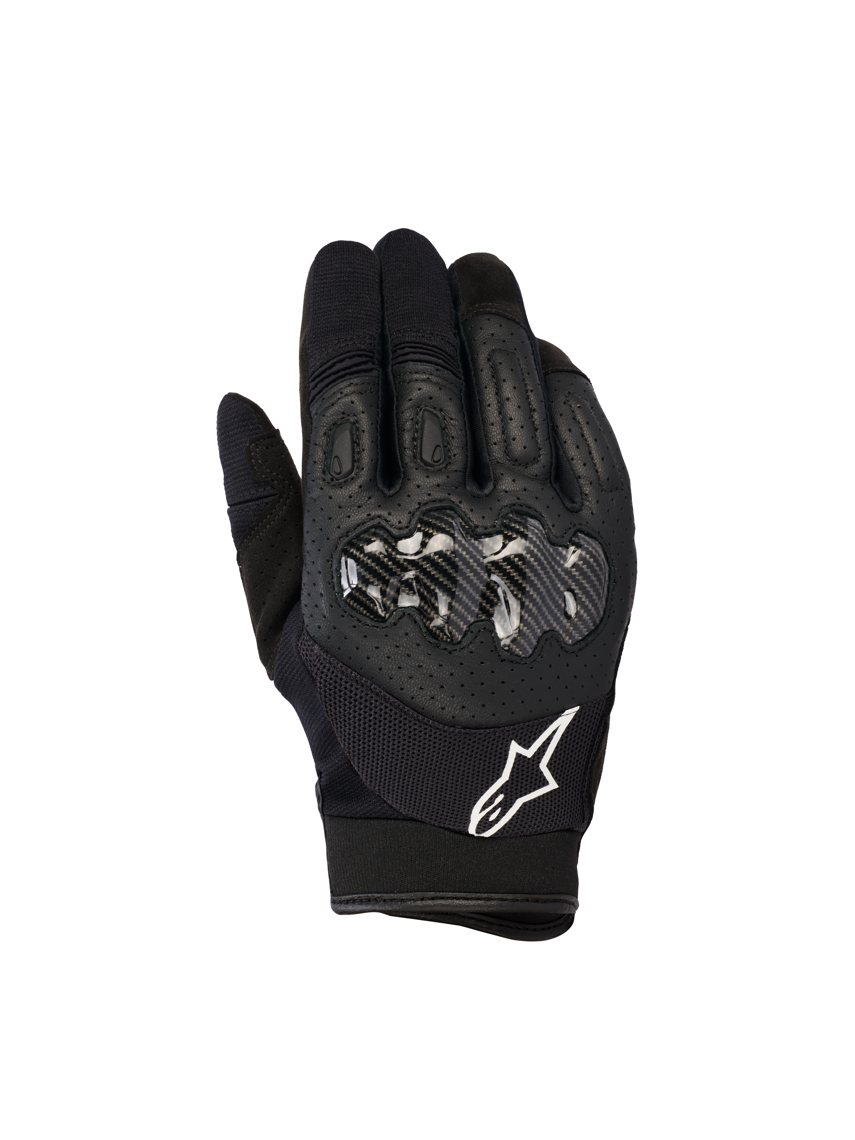 Guanti Alpinestars Megawatt V2, guanti da motocross ed enduro, neri, con protezione rigida per le nocche con finitura effetto carbonio, dorso in pelle traforata per la traspirabilità, logo Alpinestars bianco sul polsino, protezione durevole per il fuoristrada