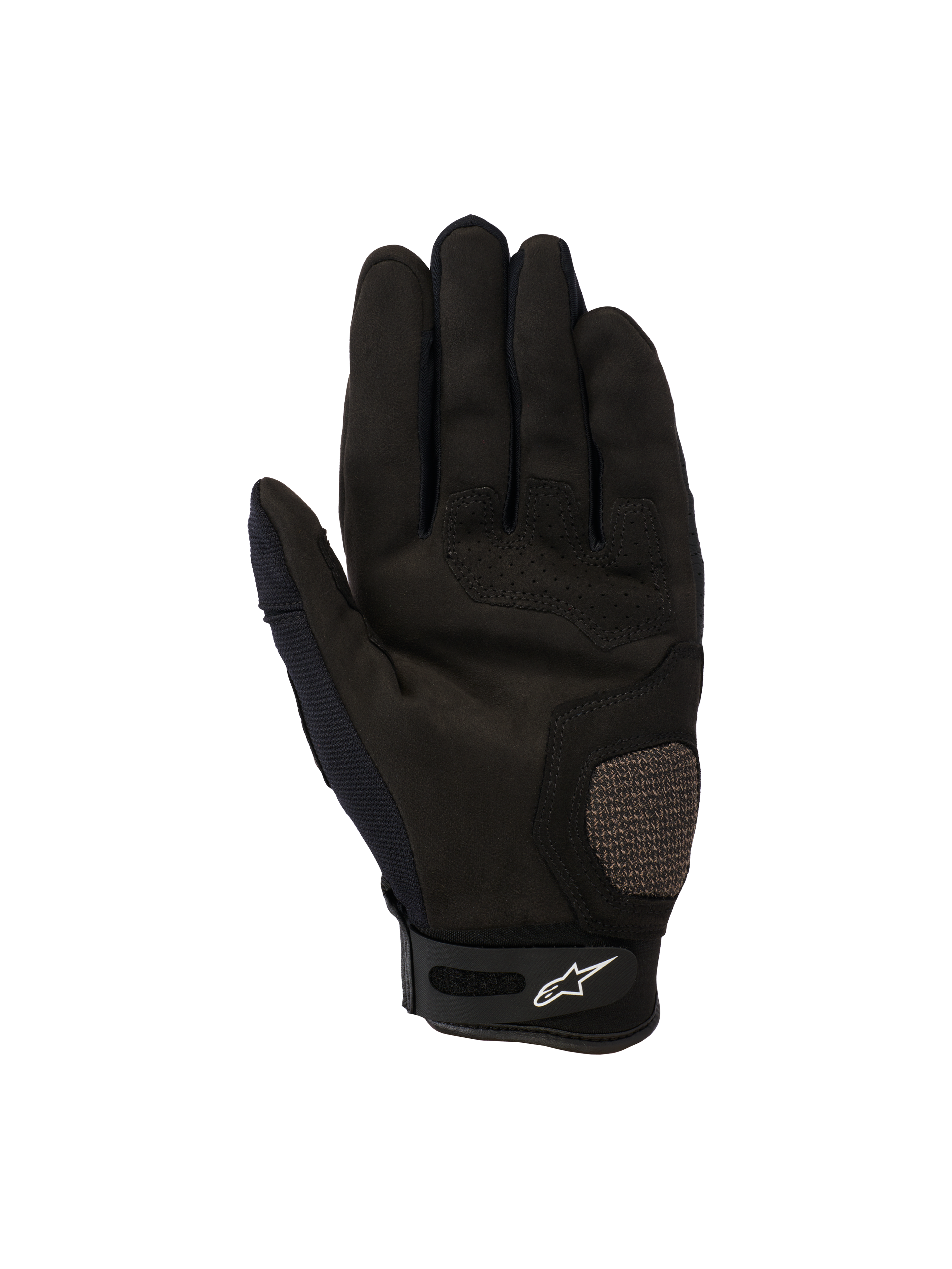 Guanti Alpinestars Megawatt V2, guanti da motocross ed enduro, nero, vista del palmo con zone rinforzate su pollice e palmo, dettagli traforati per la circolazione dell'aria e chiusura del polso in velcro con logo Alpinestars