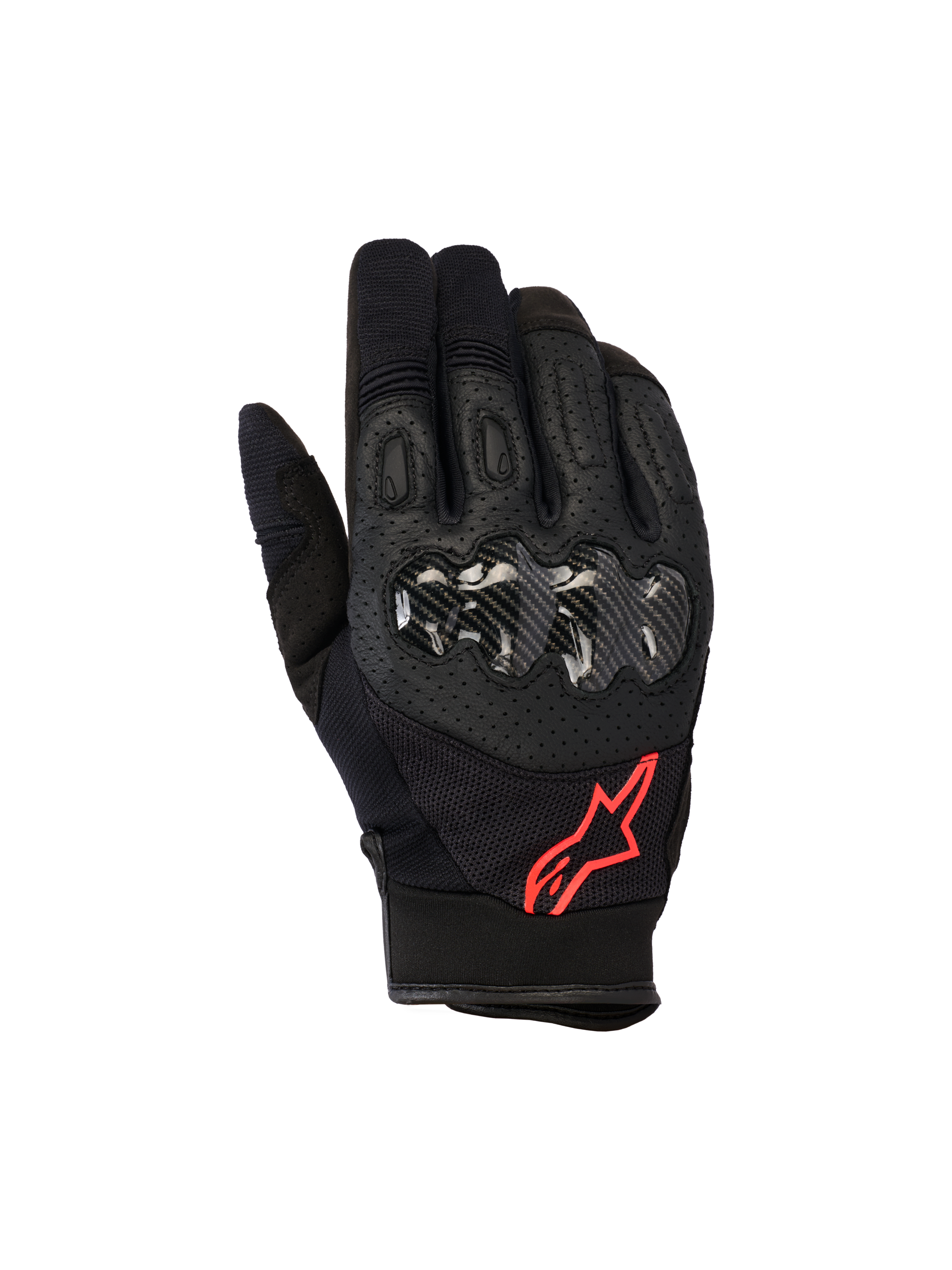 Alpinestars Megawatt V2 Gloves, guanti da motocross, nero e rosso fluo, con protezione nocche rigida effetto carbonio, pelle traforata per la ventilazione e logo a stella rosso, equipaggiamento resistente per il fuoristrada