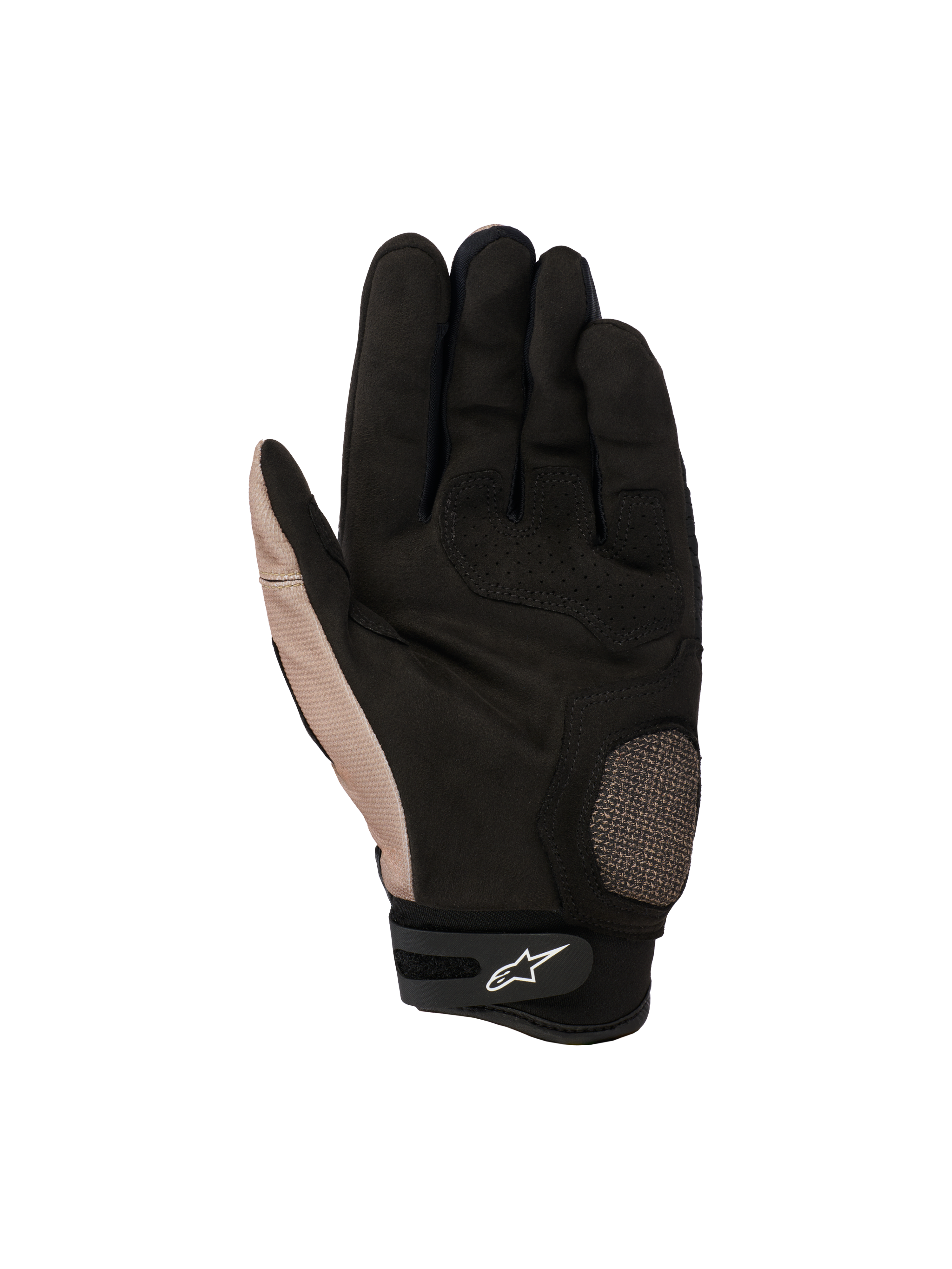 Guanti Alpinestars Megawatt V2, guanti da motocross fuoristrada, Stone Black, vista del palmo con area del pollice e del palmo rinforzata, grip testurizzato e regolazione del polso in Velcro con logo Alpinestars bianco.