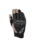 Guanti Alpinestars Megawatt V2, guanti da motocross ed enduro, nero e beige, protezione delle nocche in fibra di carbonio, struttura in pelle traforata e mesh, logo Alpinestars bianco