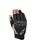 Guanti Alpinestars Megawatt V2, guanti da motocross ed enduro, nero e beige, protezione delle nocche in fibra di carbonio, struttura in pelle traforata e mesh, logo Alpinestars bianco
