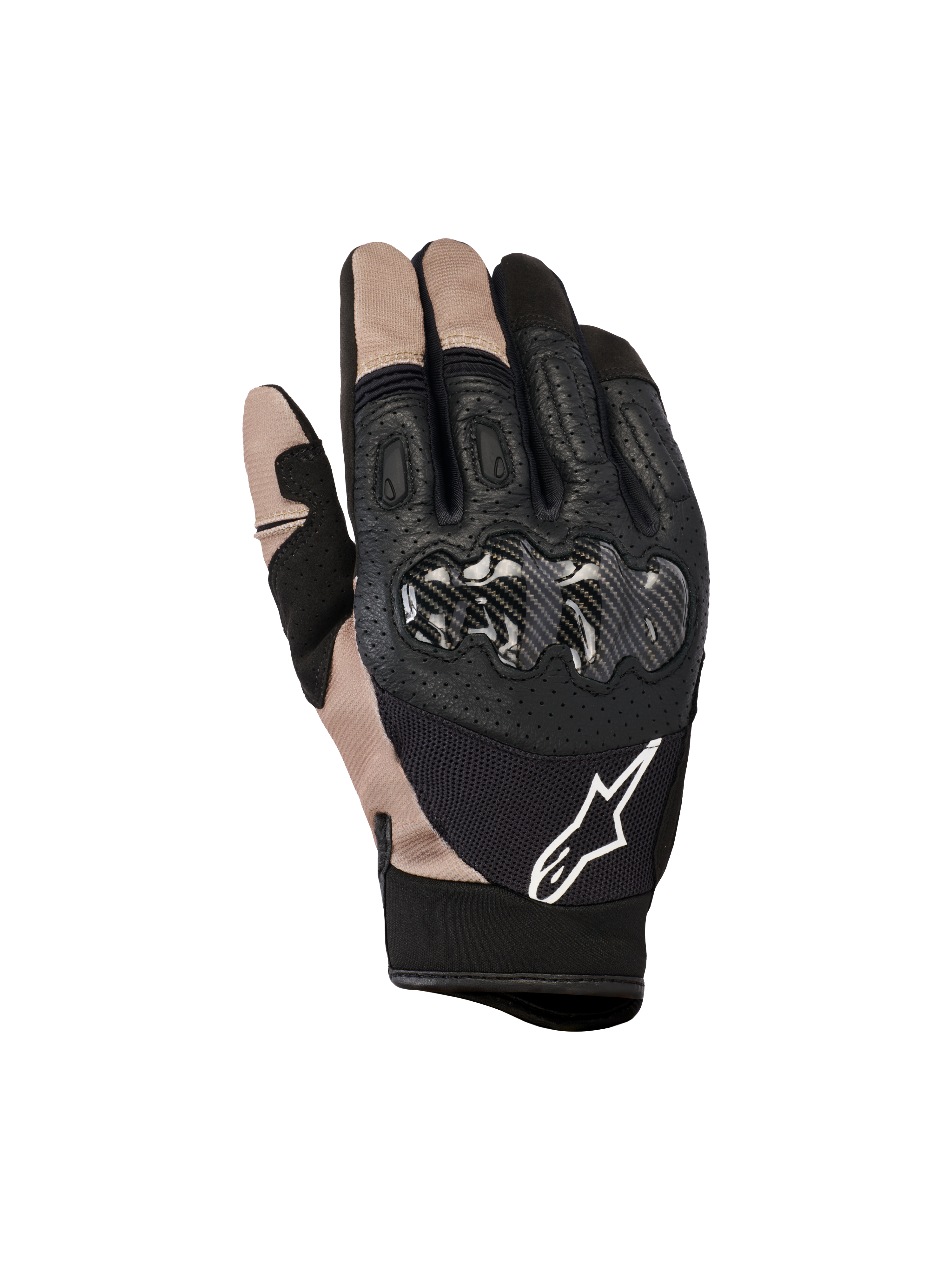 Guanti Alpinestars Megawatt V2, guanti da motocross ed enduro, nero e beige, protezione delle nocche in fibra di carbonio, struttura in pelle traforata e mesh, logo Alpinestars bianco