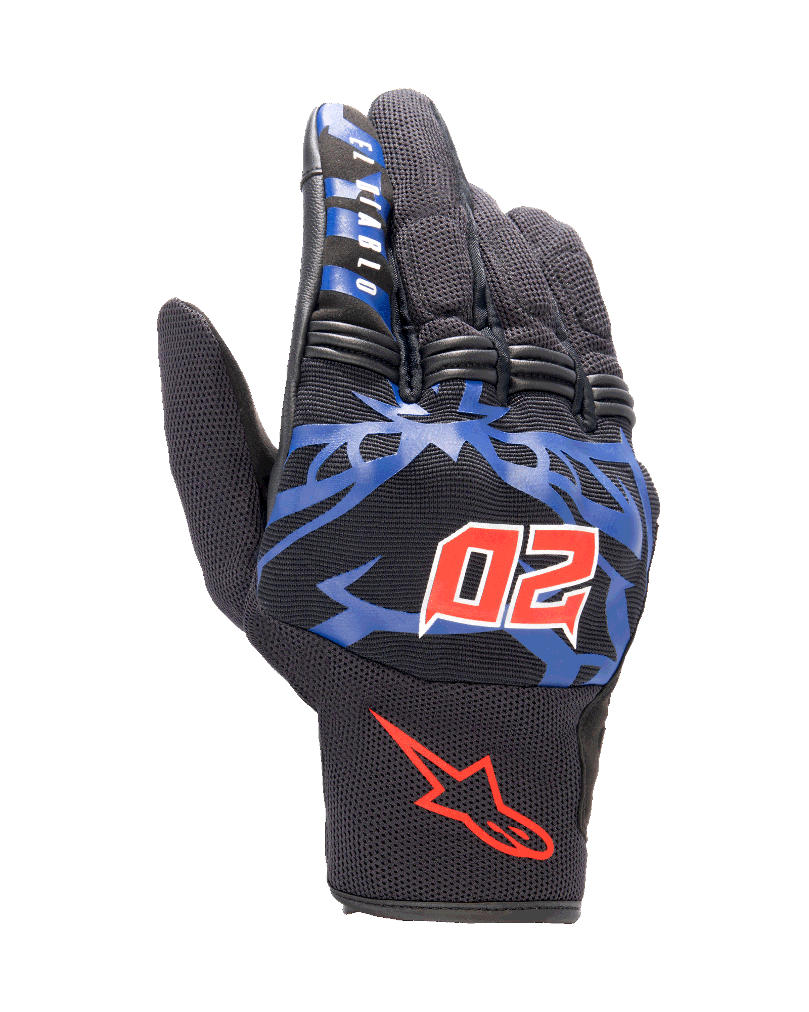 Alpinestars FQ20 Copper Gloves, guanti da moto urban, nero con grafiche blu e accenti rosso acceso, caratterizzati dal numero 20 rosso con le corna e dalla scritta "El Diablo" sul dito indice, costruzione in tessuto mesh con design a polsino corto