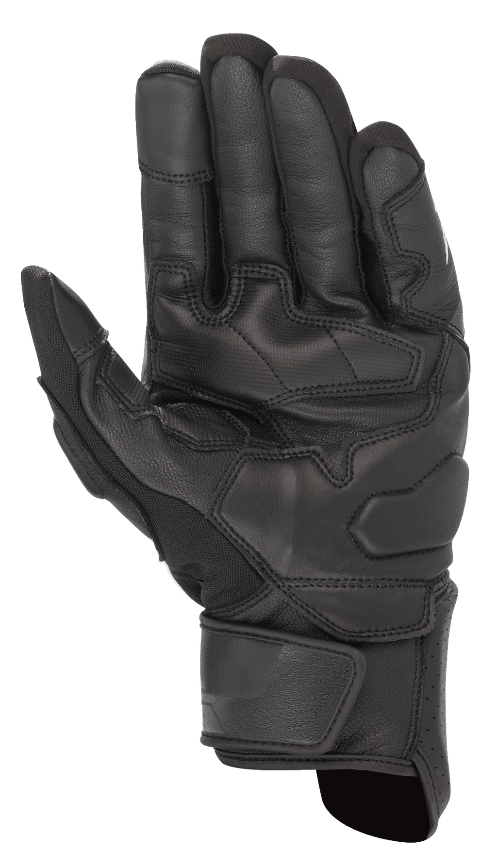 Guanti Alpinestars Booster V2, nero, vista del palmo del guanto da moto che mostra la resistente struttura in pelle, pannelli di rinforzo per la presa su palmo e pollice e cinturino regolabile sul polso.