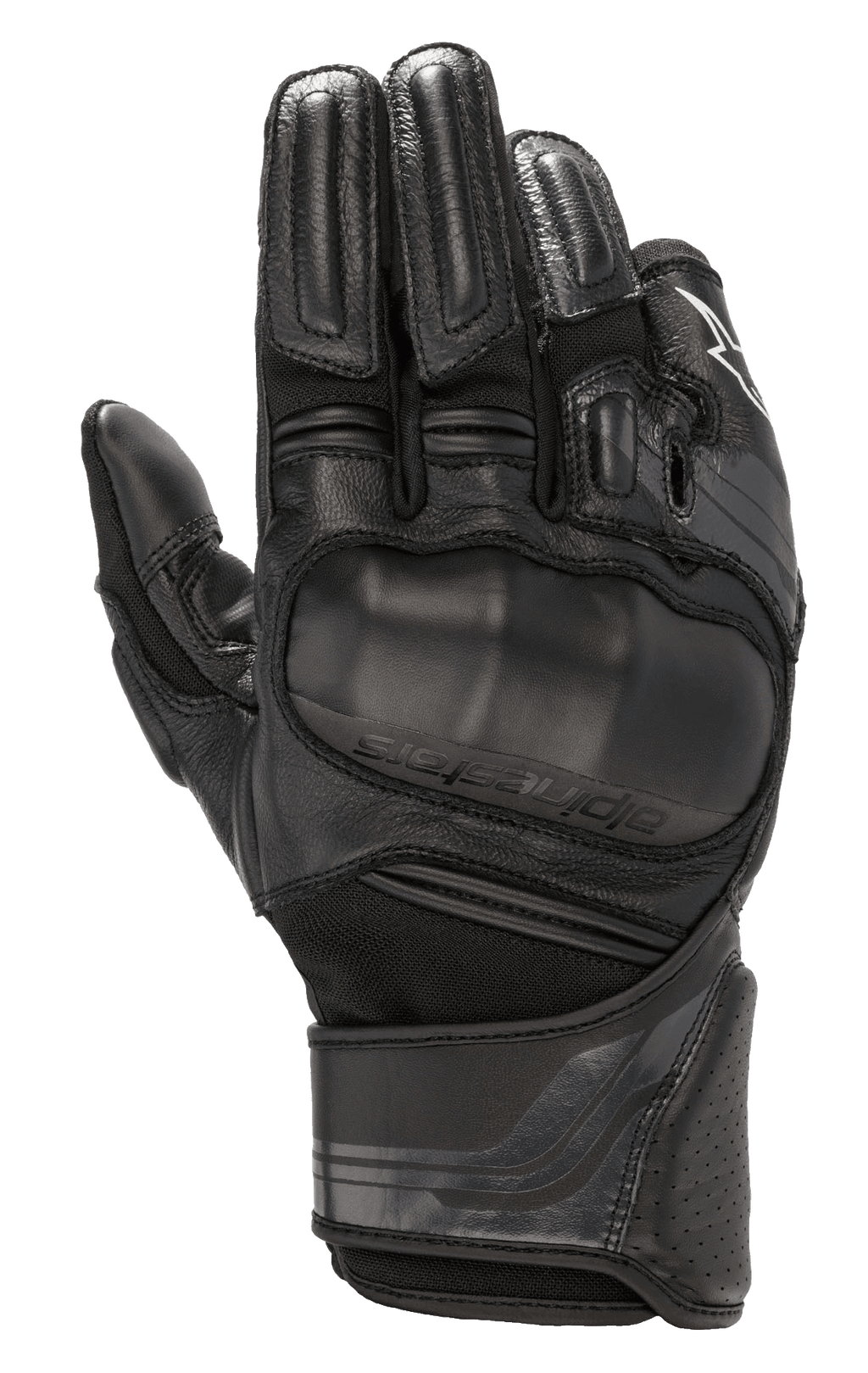 Alpinestars Booster V2, guanti da moto neri con protezione paranocche viscoelastica sovrastampata, struttura multi-pannello in pelle e tessuto, protezione imbottita sulle dita, polsino in pelle traforata e cinturino regolabile sul polso.