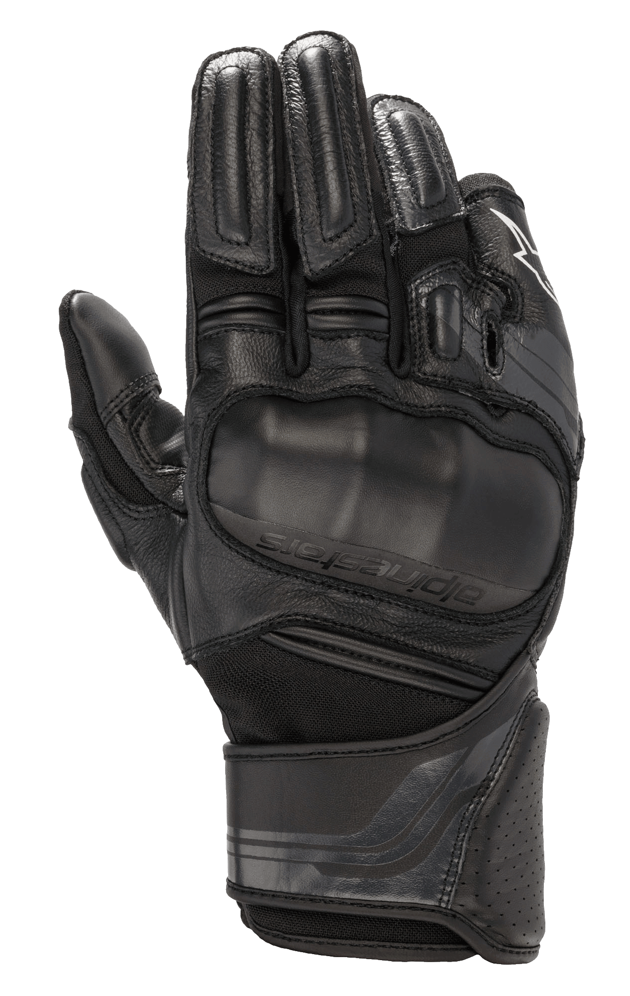 Alpinestars Booster V2, guanti da moto neri con protezione paranocche viscoelastica sovrastampata, struttura multi-pannello in pelle e tessuto, protezione imbottita sulle dita, polsino in pelle traforata e cinturino regolabile sul polso.