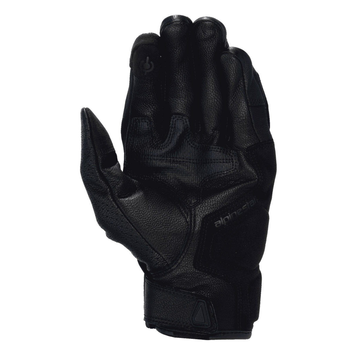 Guanti Alpinestars Celer V3, guanti da moto in pelle nera, vista del palmo che mostra la costruzione in pelle di capra, rinforzi imbottiti sul palmo, indice compatibile con touchscreen e logo Alpinestars